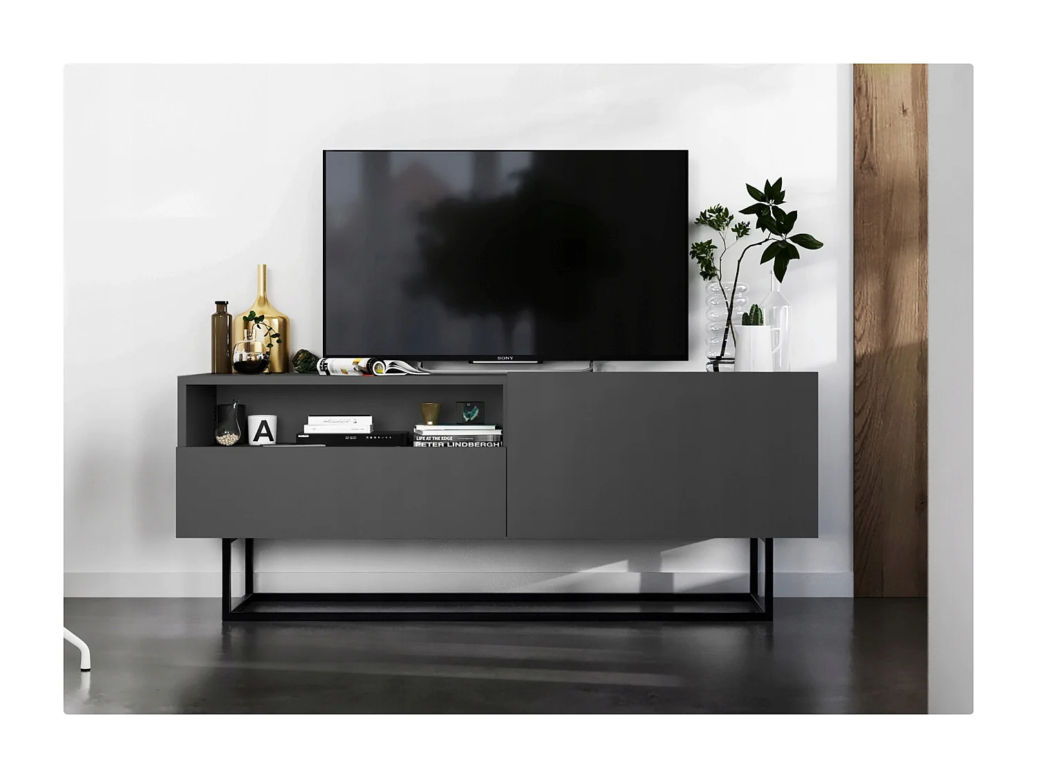 TV-meubel met 1 deur, open vak en lade – corpus Mat Grafiet, fronten Mat Grafiet – 120 cm, zwart metalen frame