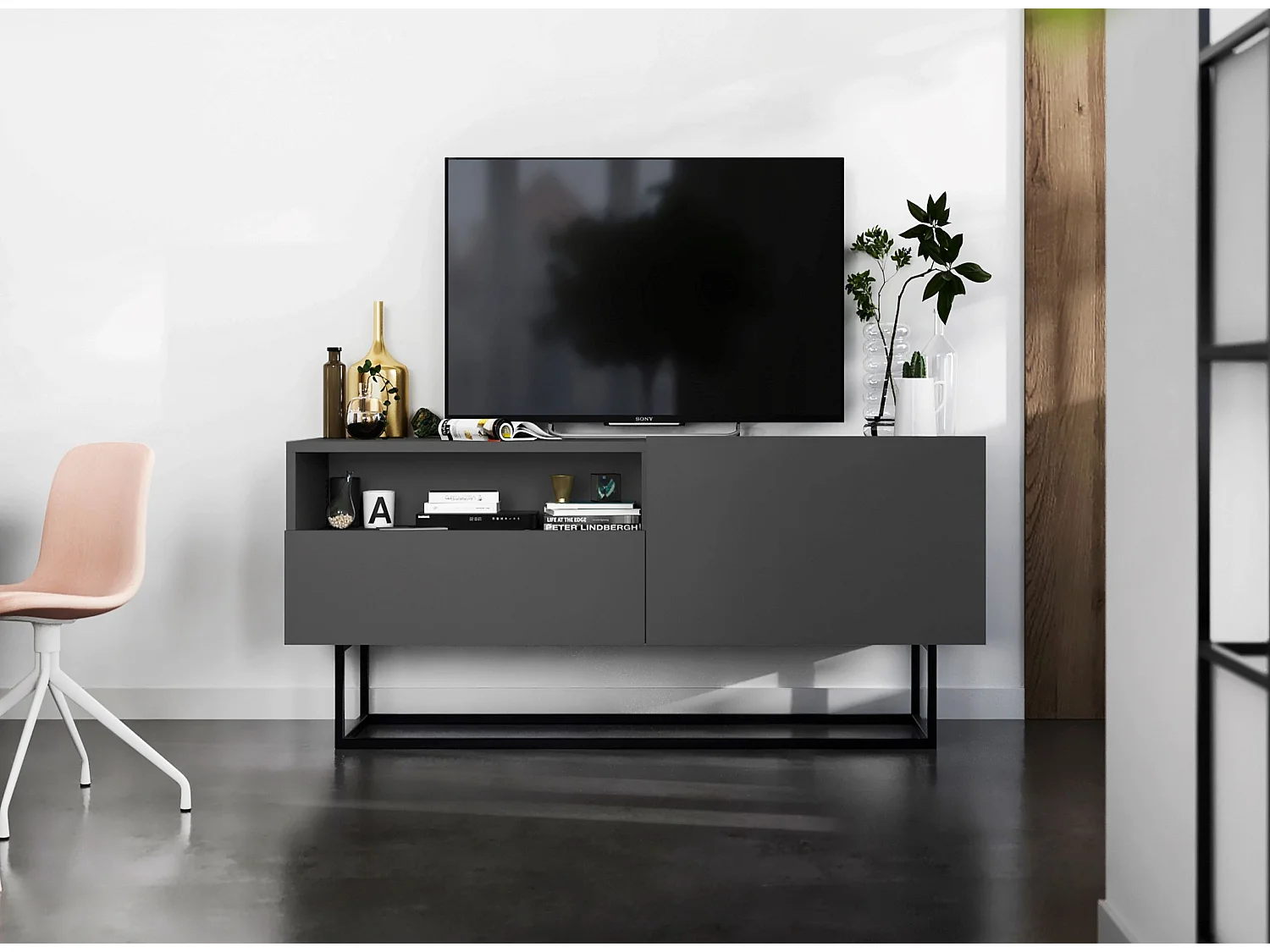 TV-meubel met 1 deur, open vak en lade – corpus Mat Grafiet, fronten Mat Grafiet – 120 cm, zwart metalen frame