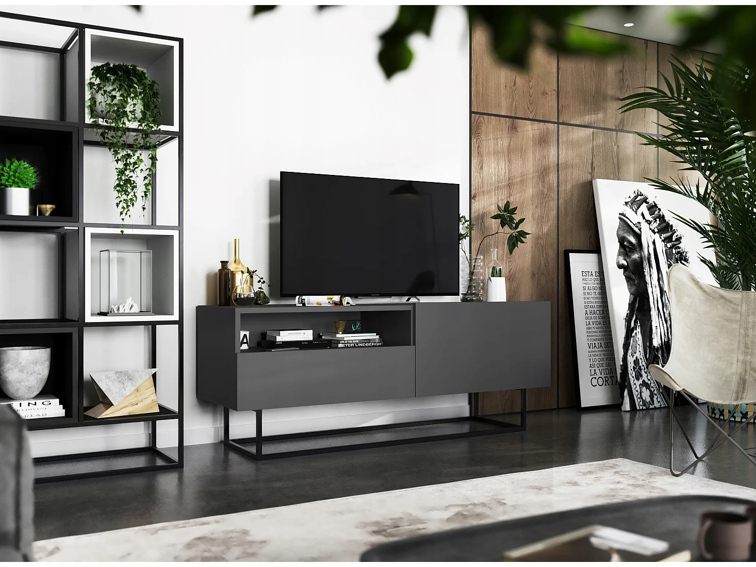 TV-meubel met 1 deur, open vak en lade – corpus Mat Grafiet, fronten Mat Grafiet – 120 cm, zwart metalen frame