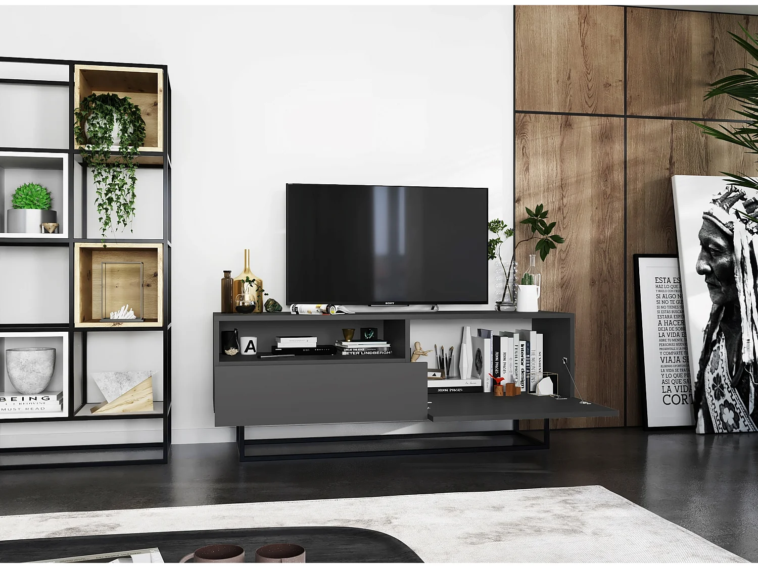 TV-meubel met 1 deur, open vak en lade – corpus Mat Grafiet, fronten Mat Grafiet – 120 cm, zwart metalen frame