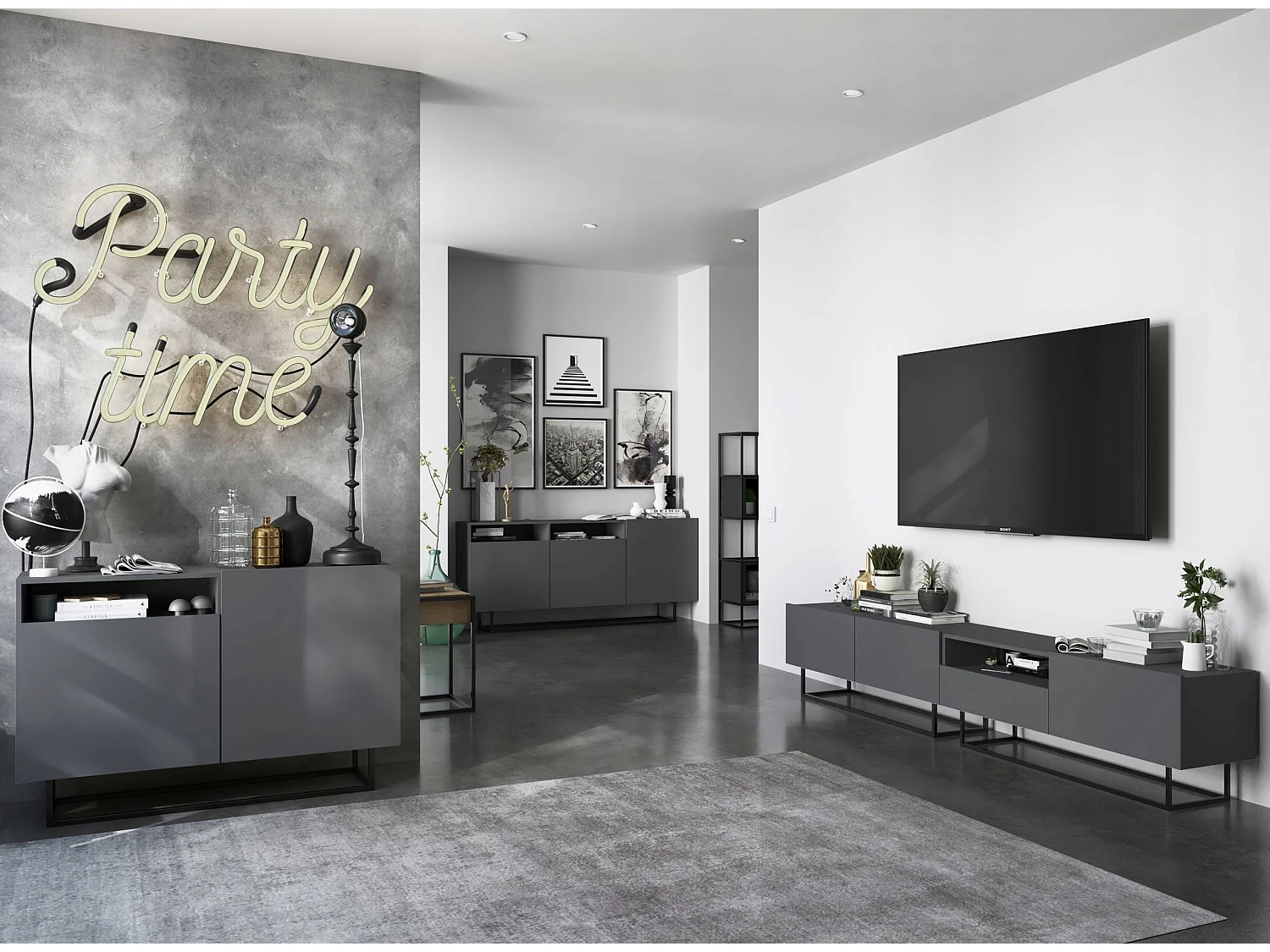 TV-meubel met 1 deur, open vak en lade – corpus Mat Grafiet, fronten Mat Grafiet – 120 cm, zwart metalen frame