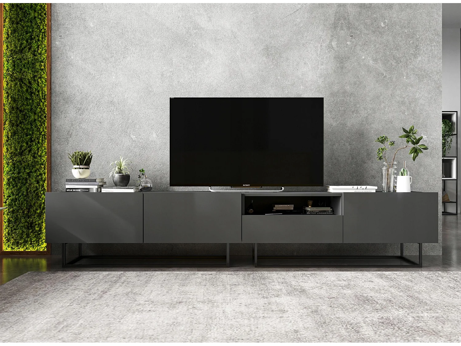 TV-meubel met 1 deur, open vak en lade – corpus Mat Grafiet, fronten Mat Grafiet – 120 cm, zwart metalen frame