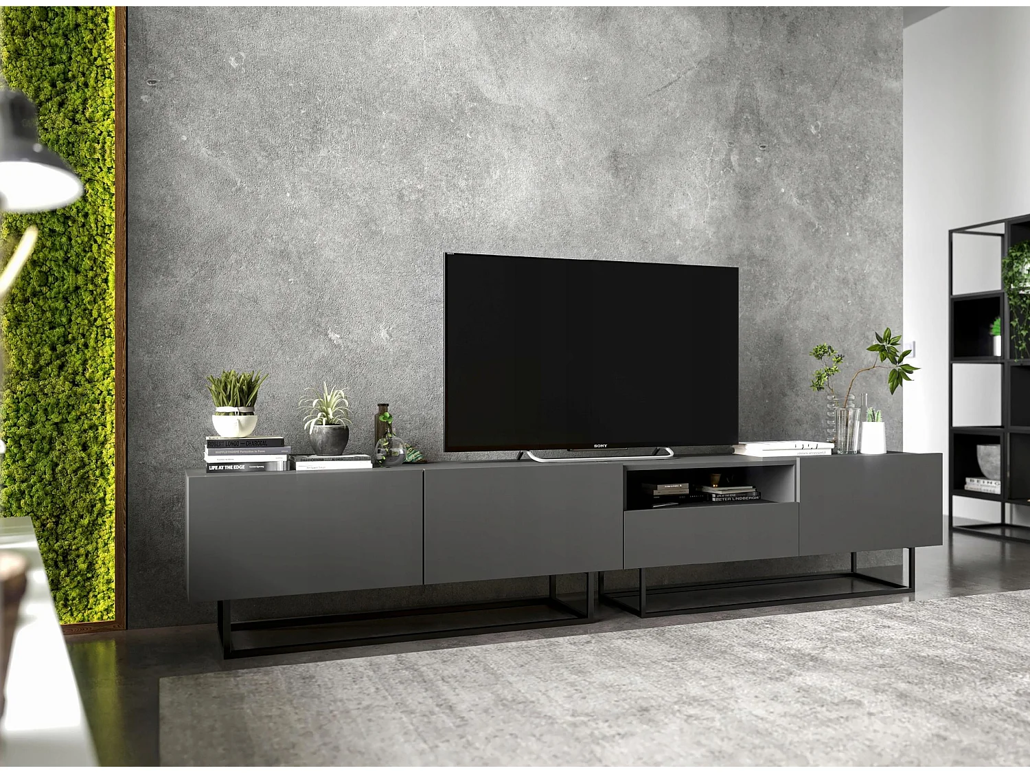 TV-meubel met 1 deur, open vak en lade – corpus Mat Grafiet, fronten Mat Grafiet – 120 cm, zwart metalen frame