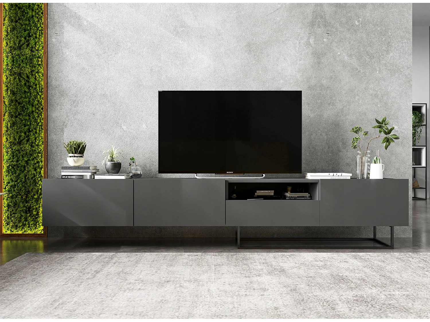 TV-meubel met 1 deur, open vak en lade – corpus Mat Grafiet, fronten Mat Grafiet – 120 cm, zwart metalen frame