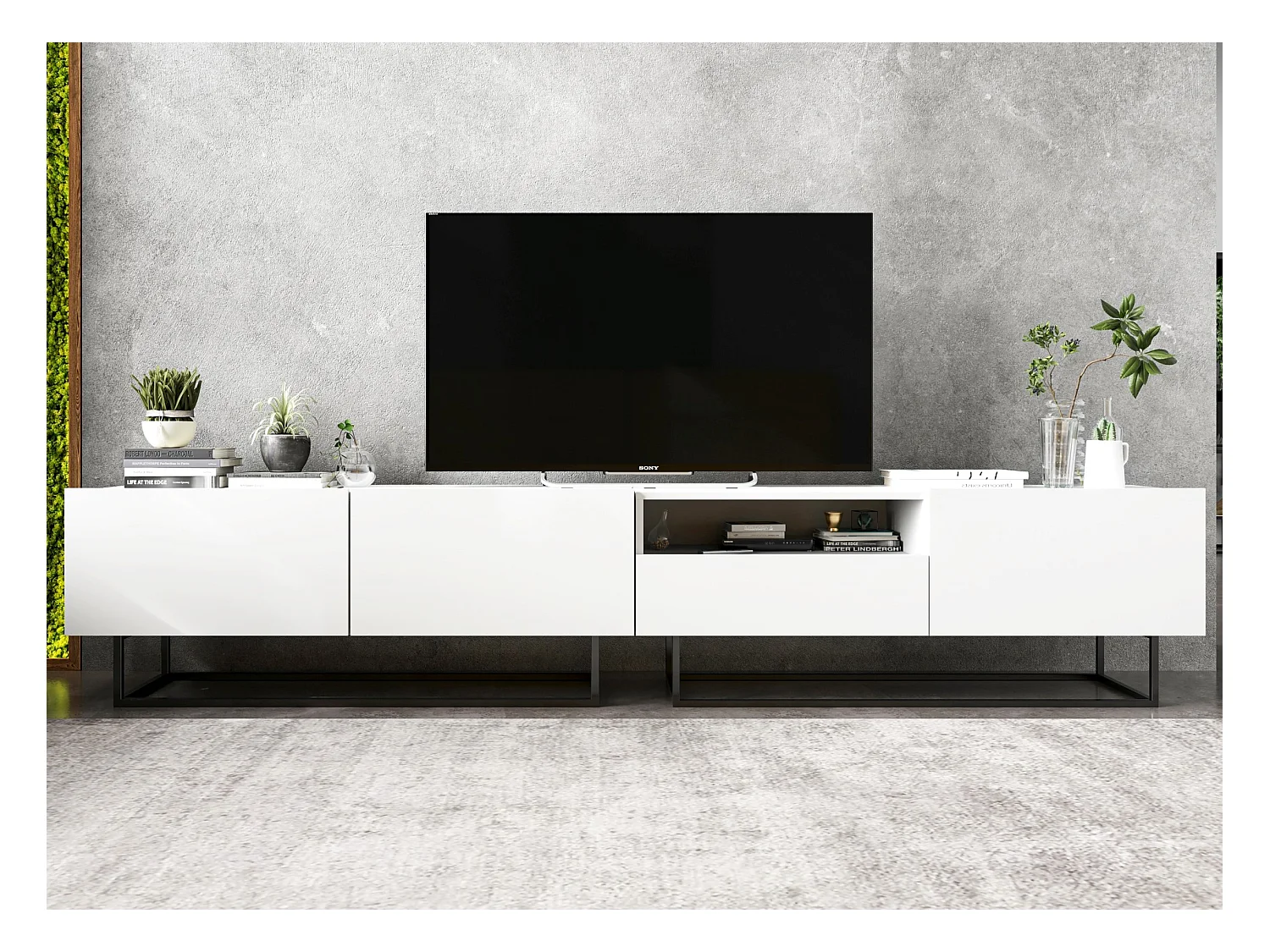 Meuble TV avec 3 portes et niche, tiroir - corps Blanc mat, façades Blanc mat - 240 cm, Cadre en métal noir