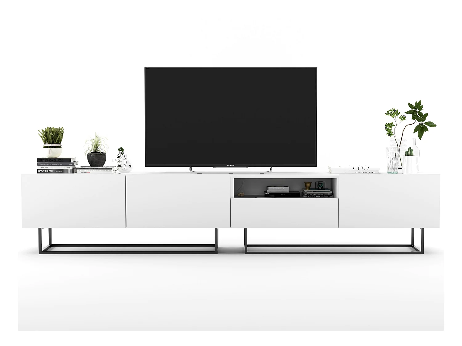 Meuble TV avec 3 portes et niche, tiroir - corps Blanc mat, façades Blanc mat - 240 cm, Cadre en métal noir