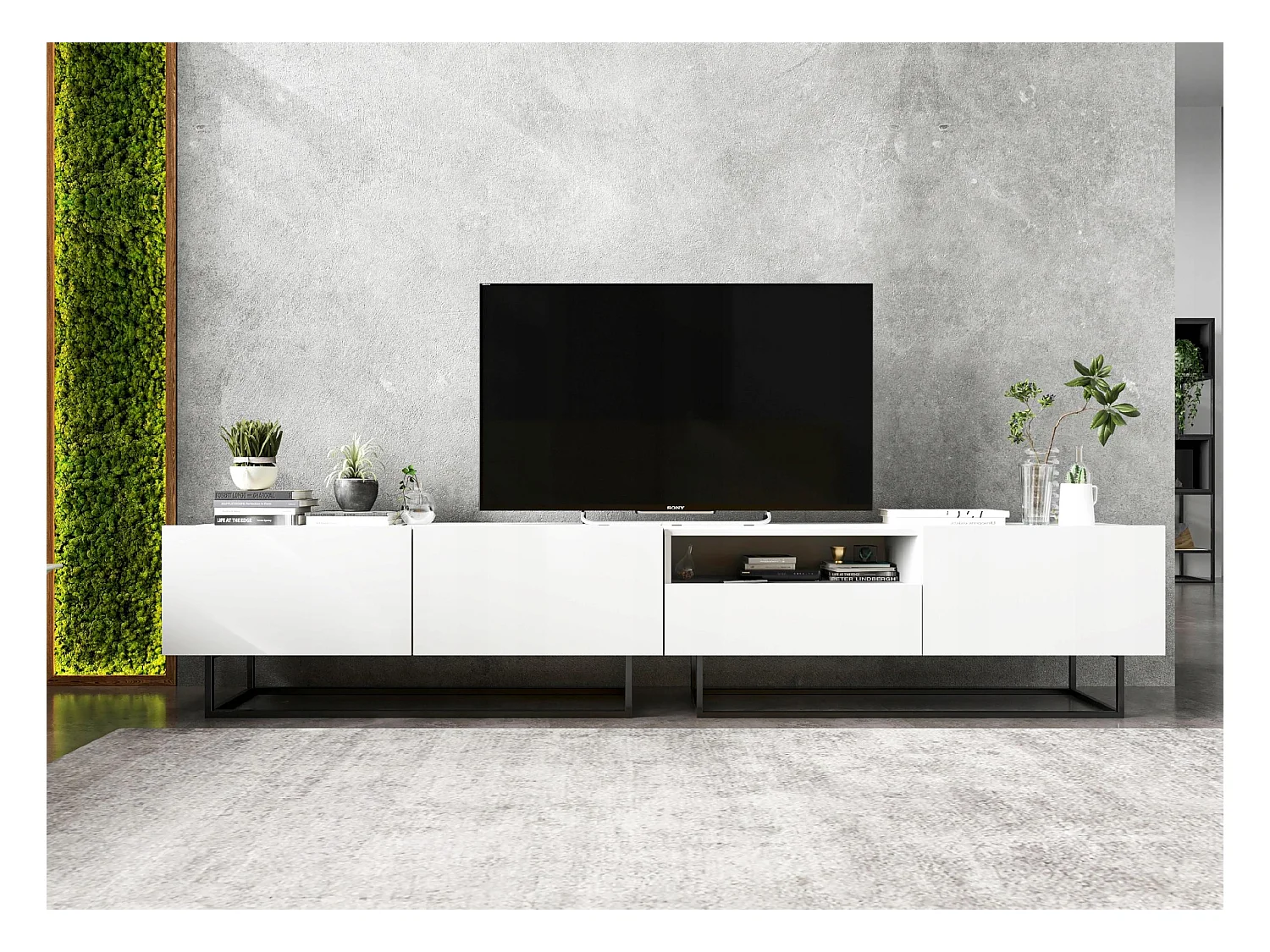 Meuble TV avec 3 portes et niche, tiroir - corps Blanc mat, façades Blanc mat - 240 cm, Cadre en métal noir