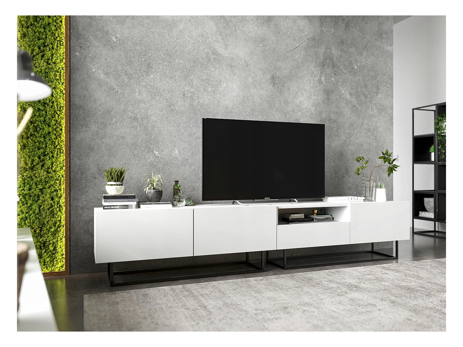 Meuble TV avec 3 portes et niche, tiroir - corps Blanc mat, façades Blanc mat - 240 cm, Cadre en métal noir