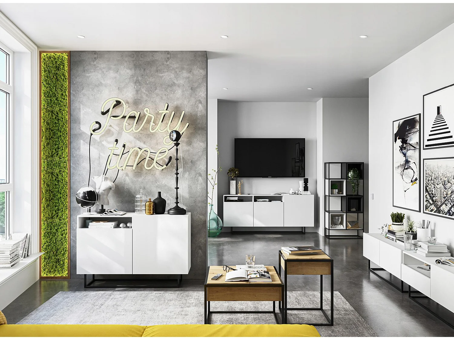 Meuble TV avec 3 portes et niche, tiroir - corps Blanc mat, façades Blanc mat - 240 cm, Cadre en métal noir