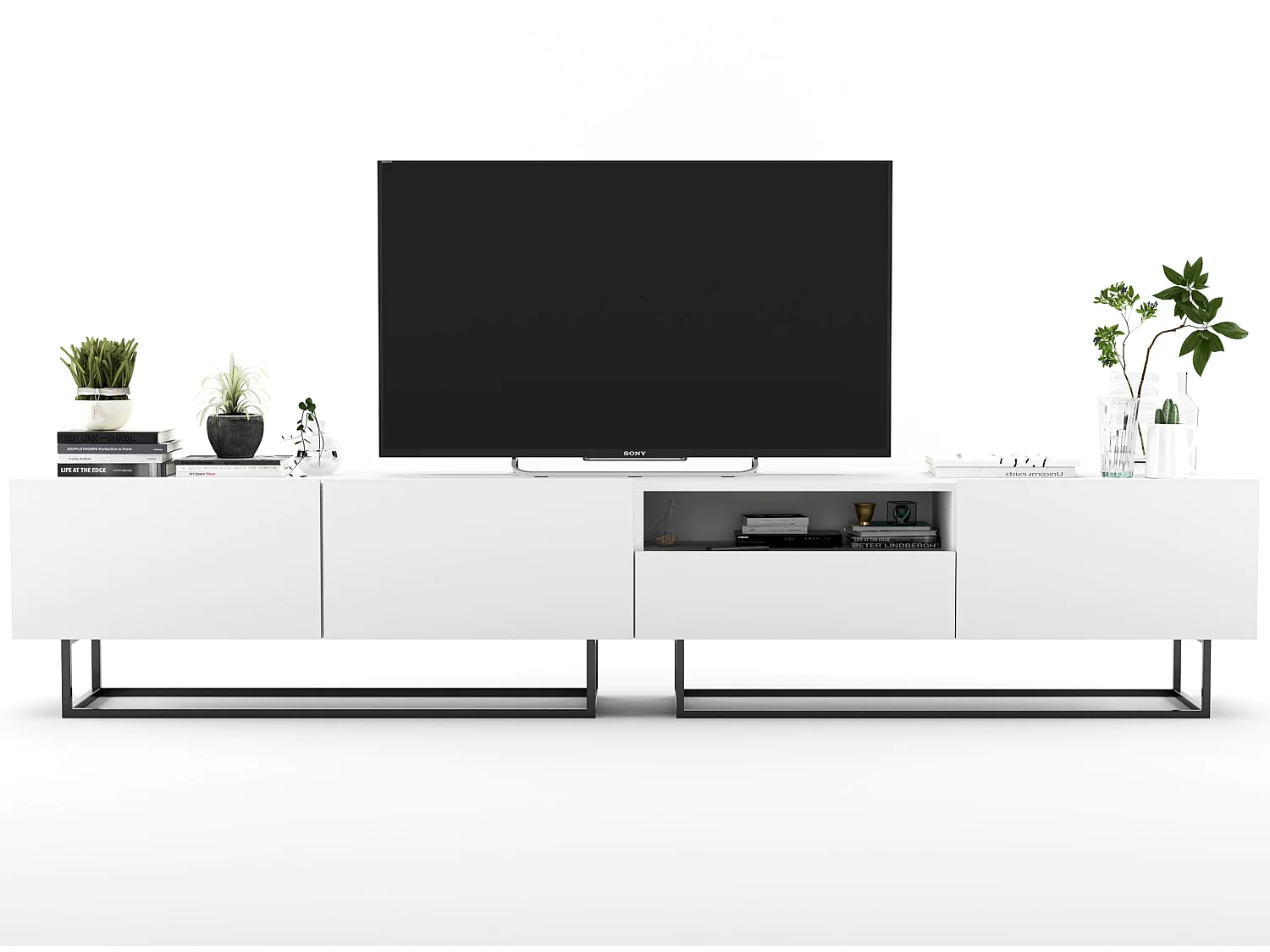 Meuble TV avec 3 portes et niche, tiroir - corps Blanc mat, façades Blanc mat - 240 cm, Cadre en métal noir