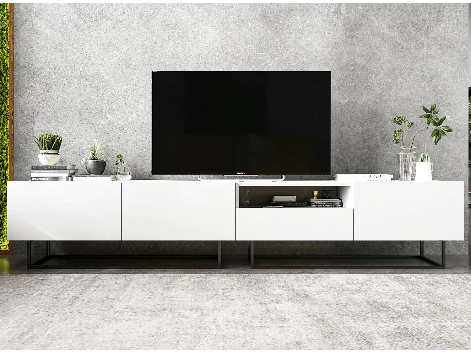 Móvel de TV com 3 portas e nicho, gaveta - estrutura branco mate, frentes branco mate - 240 cm, estrutura metálica preta