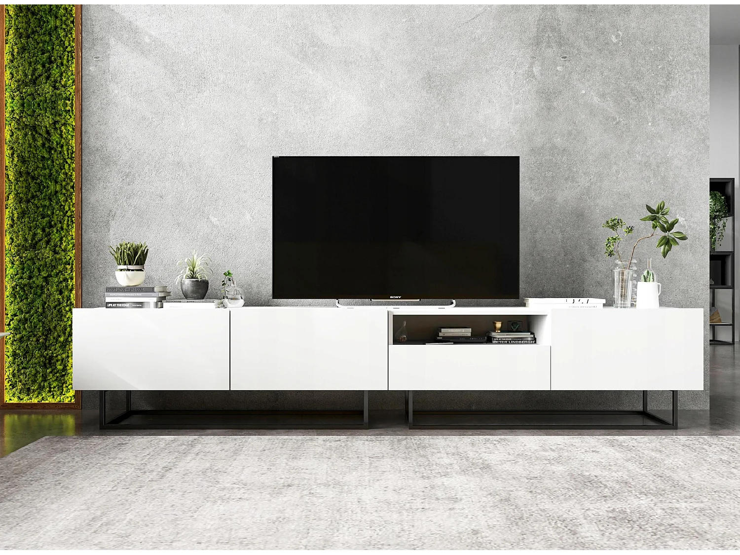 Móvel de TV com 3 portas e nicho, gaveta - estrutura branco mate, frentes branco mate - 240 cm, estrutura metálica preta
