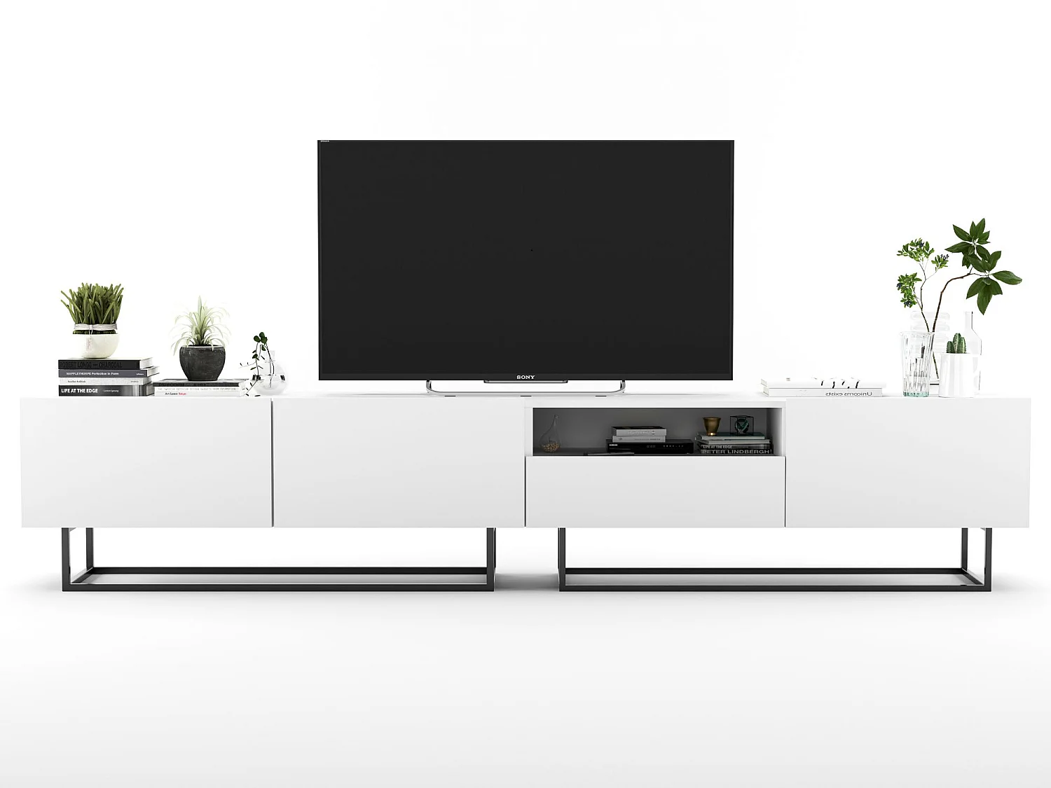 Móvel de TV com 3 portas e nicho, gaveta - estrutura branco mate, frentes branco mate - 240 cm, estrutura metálica preta