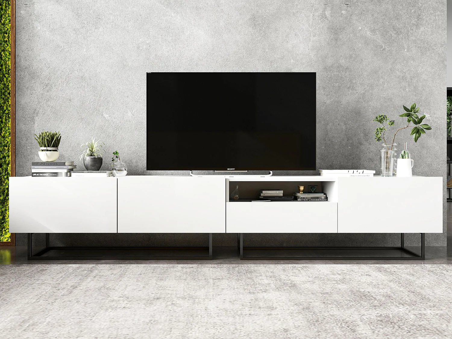Móvel de TV com 3 portas e nicho, gaveta - estrutura branco mate, frentes branco mate - 240 cm, estrutura metálica preta