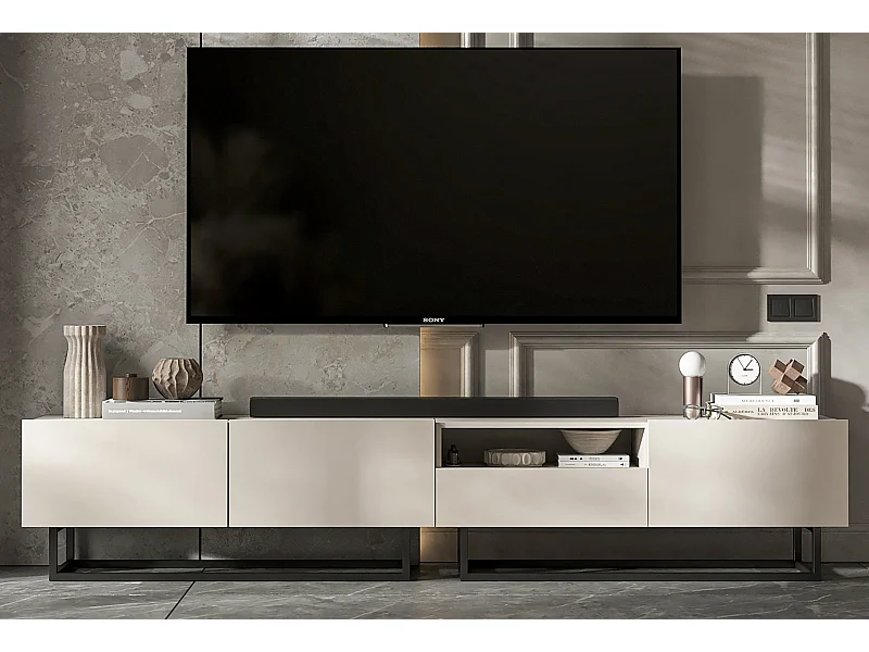 Meuble TV avec 3 portes et niche, tiroir - corps Cachemire mat, façades Cachemire mat - 240 cm, Cadre en métal noir