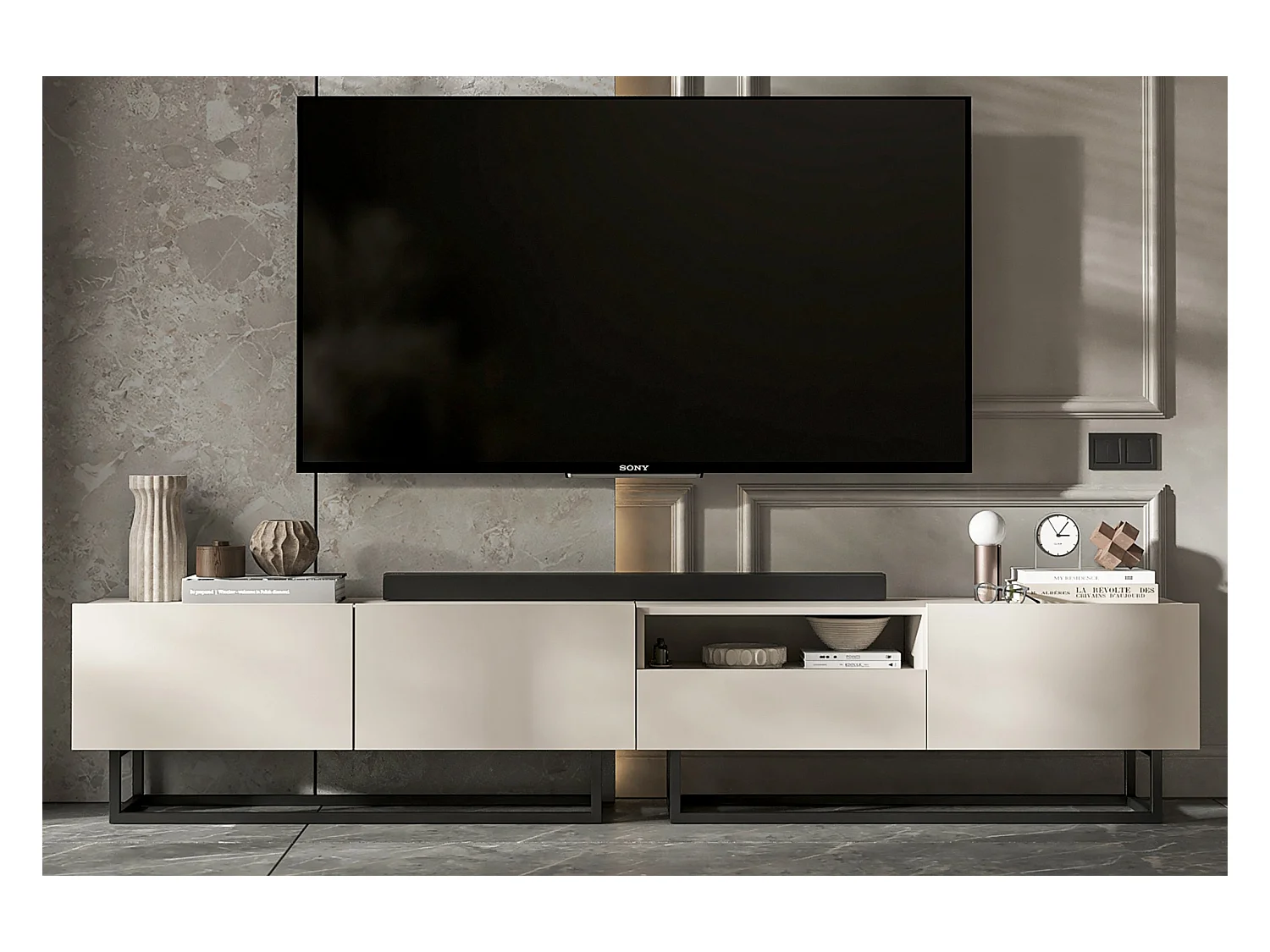 Meuble TV avec 3 portes et niche, tiroir - corps Cachemire mat, façades Cachemire mat - 240 cm, Cadre en métal noir