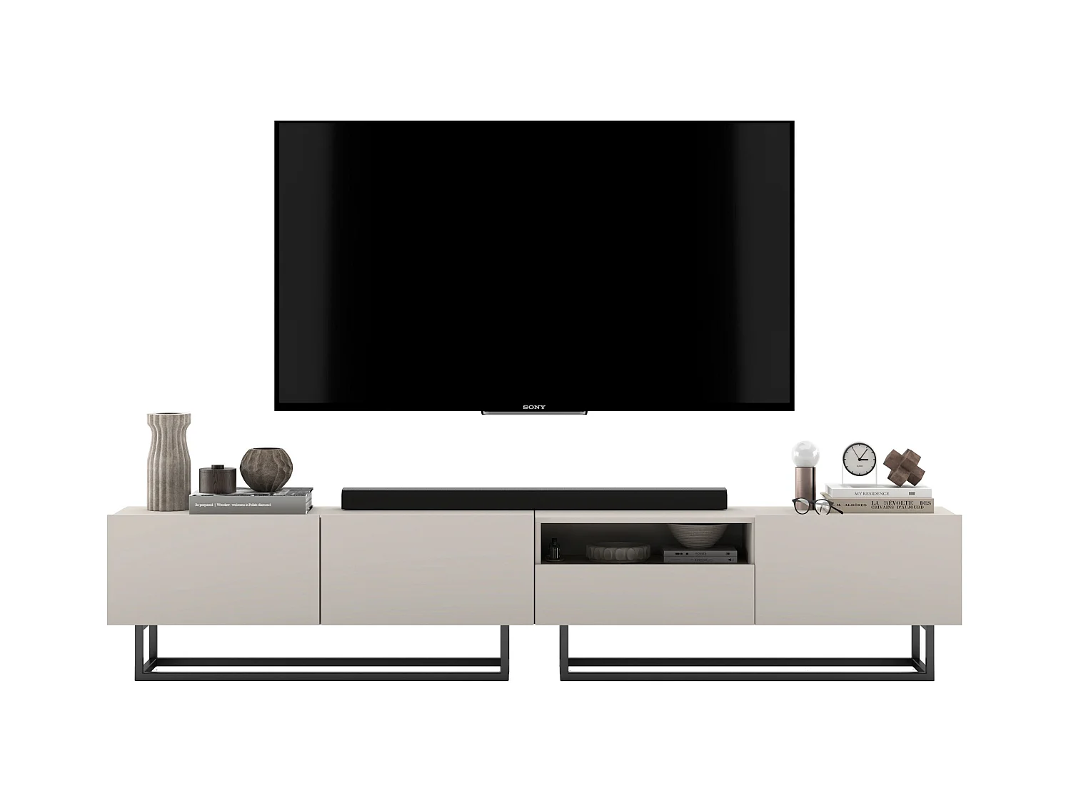 Meuble TV avec 3 portes et niche, tiroir - corps Cachemire mat, façades Cachemire mat - 240 cm, Cadre en métal noir