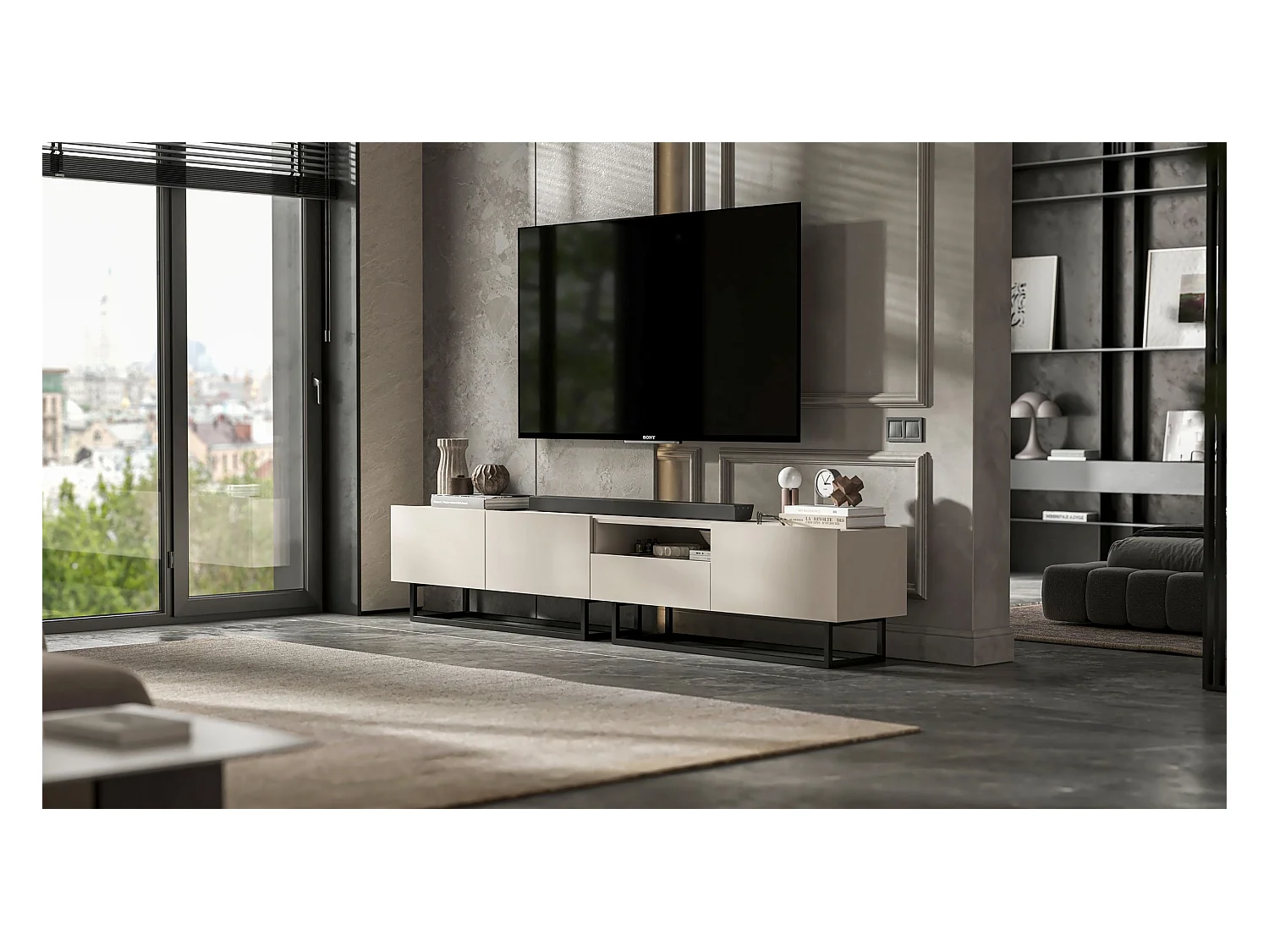 Meuble TV avec 3 portes et niche, tiroir - corps Cachemire mat, façades Cachemire mat - 240 cm, Cadre en métal noir