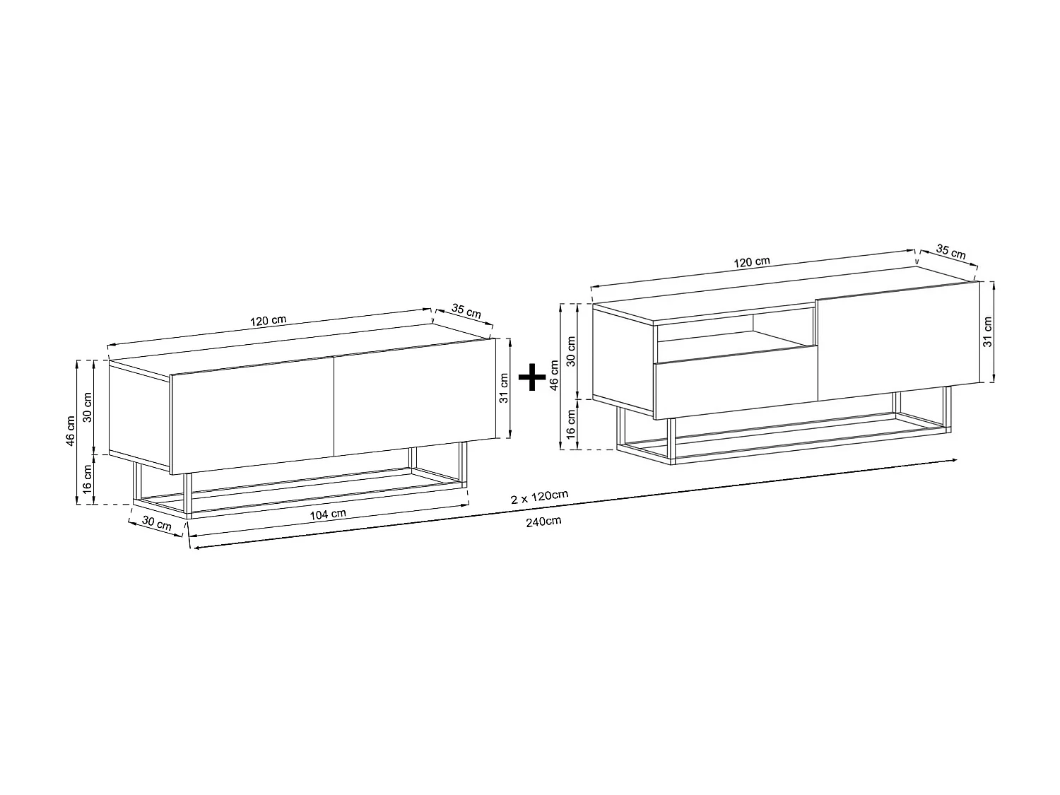 Meuble TV avec 3 portes et niche, tiroir - corps Cachemire mat, façades Cachemire mat - 240 cm, Cadre en métal noir