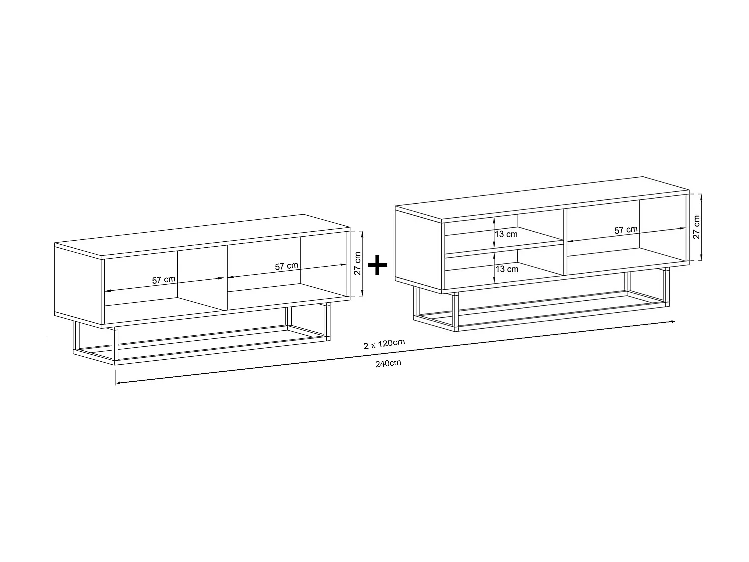 Meuble TV avec 3 portes et niche, tiroir - corps Cachemire mat, façades Cachemire mat - 240 cm, Cadre en métal noir