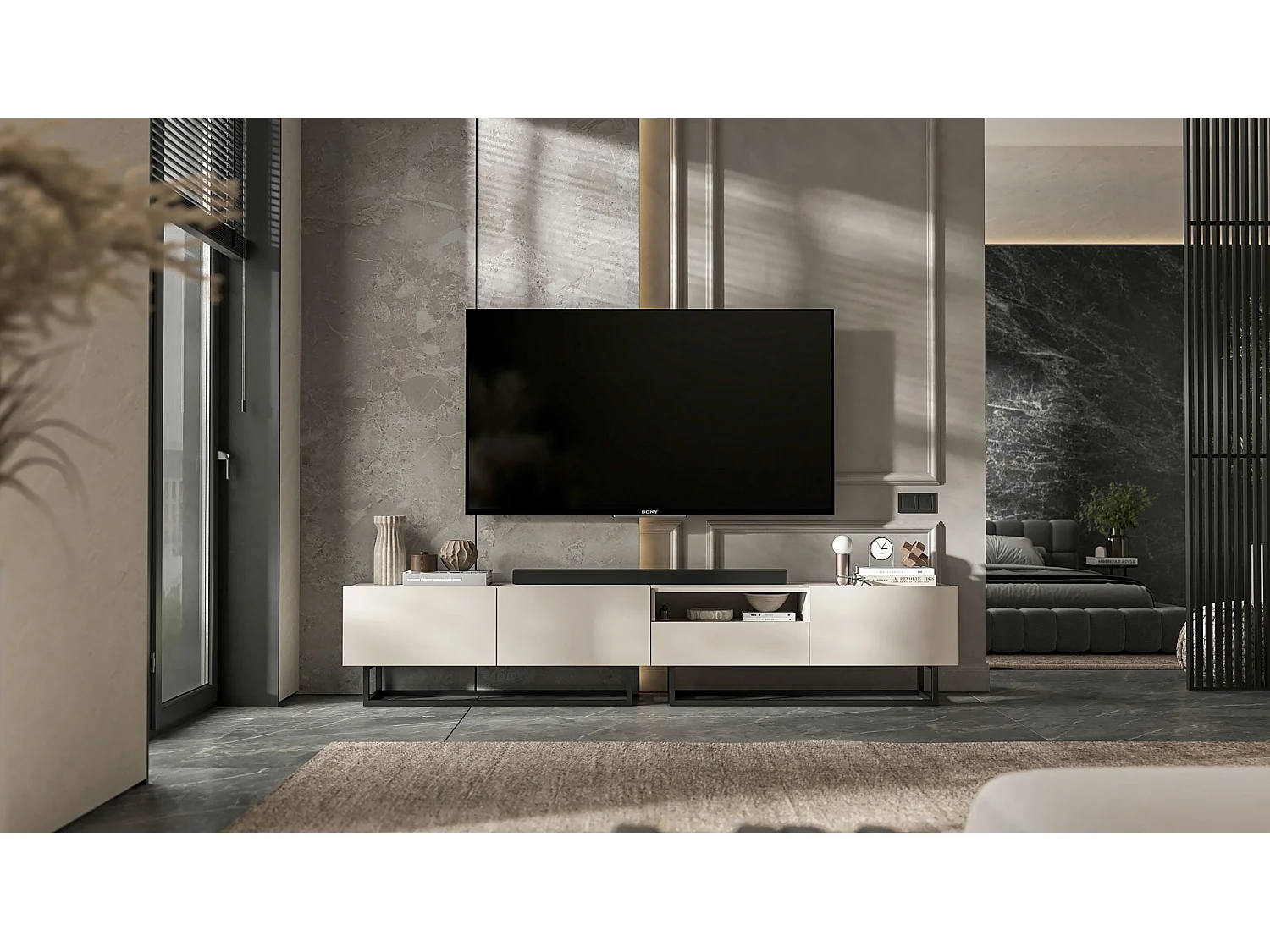 Móvel de TV com 3 portas e nicho, gaveta - corpo Caxemira fosco, frentes Caxemira fosco - 240 cm, estrutura em metal preto