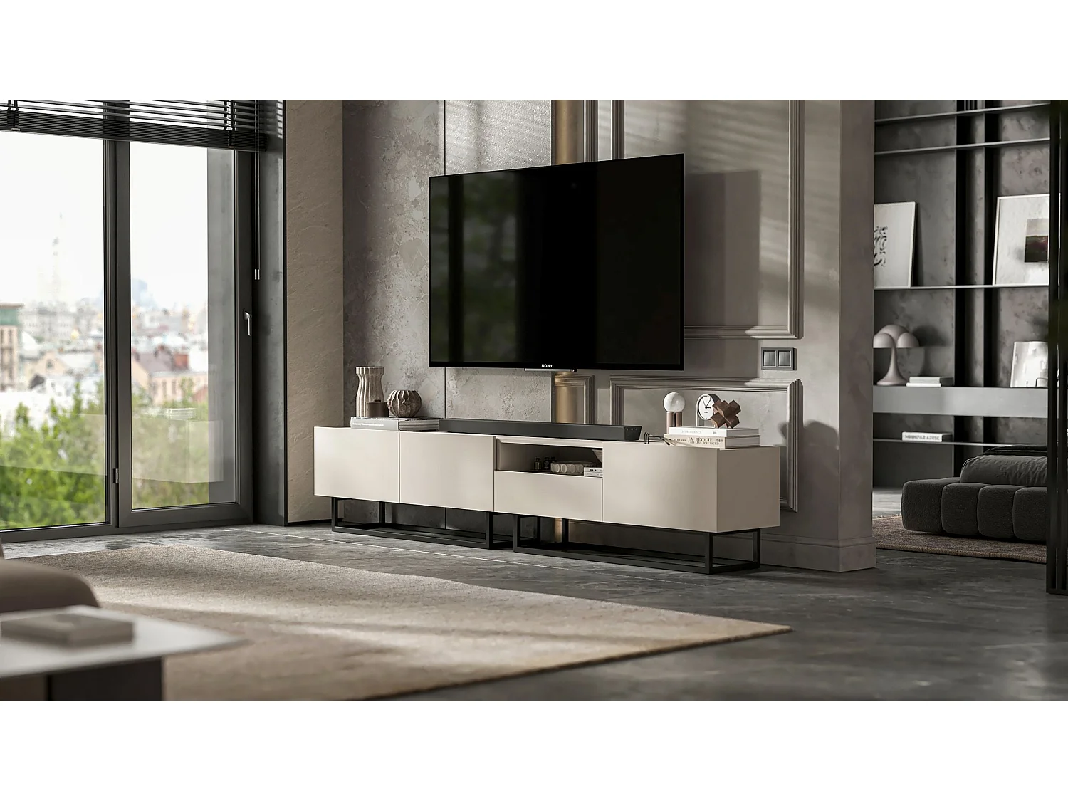 Móvel de TV com 3 portas e nicho, gaveta - corpo Caxemira fosco, frentes Caxemira fosco - 240 cm, estrutura em metal preto
