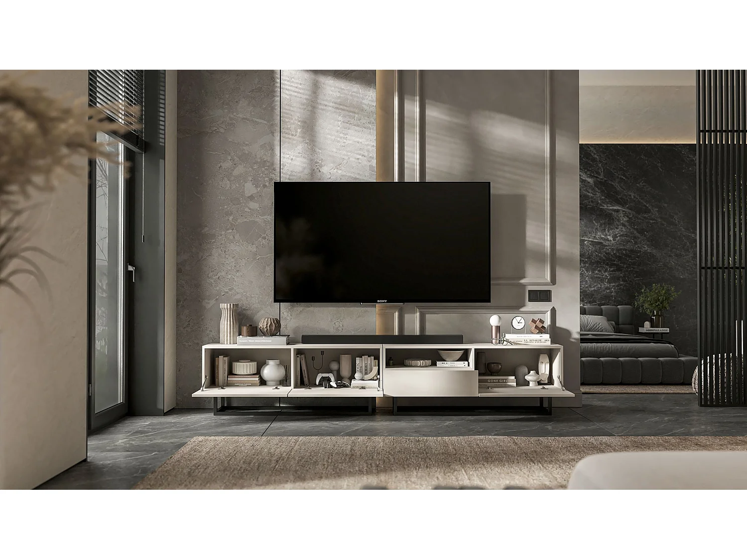 Móvel de TV com 3 portas e nicho, gaveta - corpo Caxemira fosco, frentes Caxemira fosco - 240 cm, estrutura em metal preto
