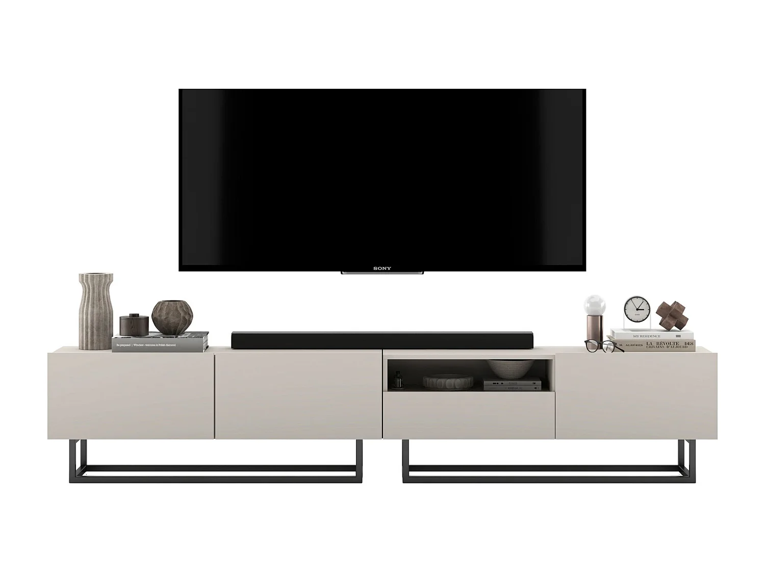 Móvel de TV com 3 portas e nicho, gaveta - corpo Caxemira fosco, frentes Caxemira fosco - 240 cm, estrutura em metal preto