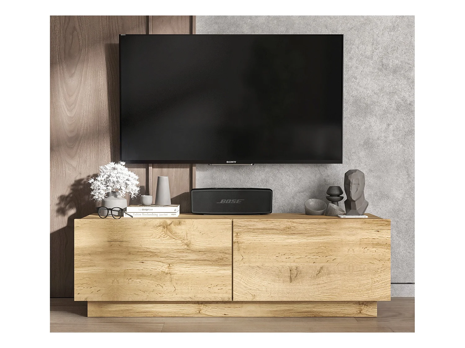 Meuble TV avec 2 portes - corps Chêne artisanal mat, façades Chêne artisanal mat - 120 cm, sur socle