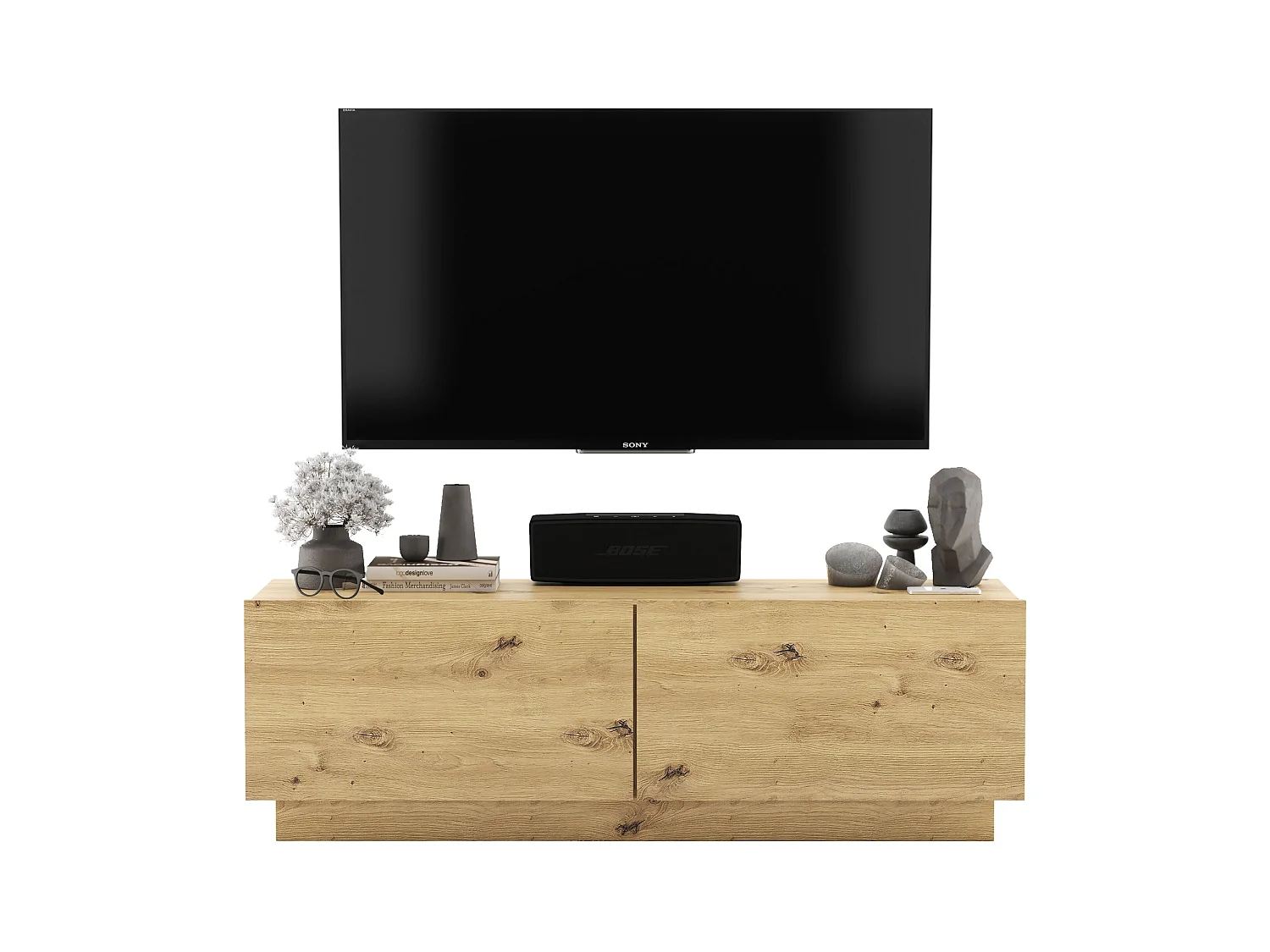 Meuble TV avec 2 portes - corps Chêne artisanal mat, façades Chêne artisanal mat - 120 cm, sur socle