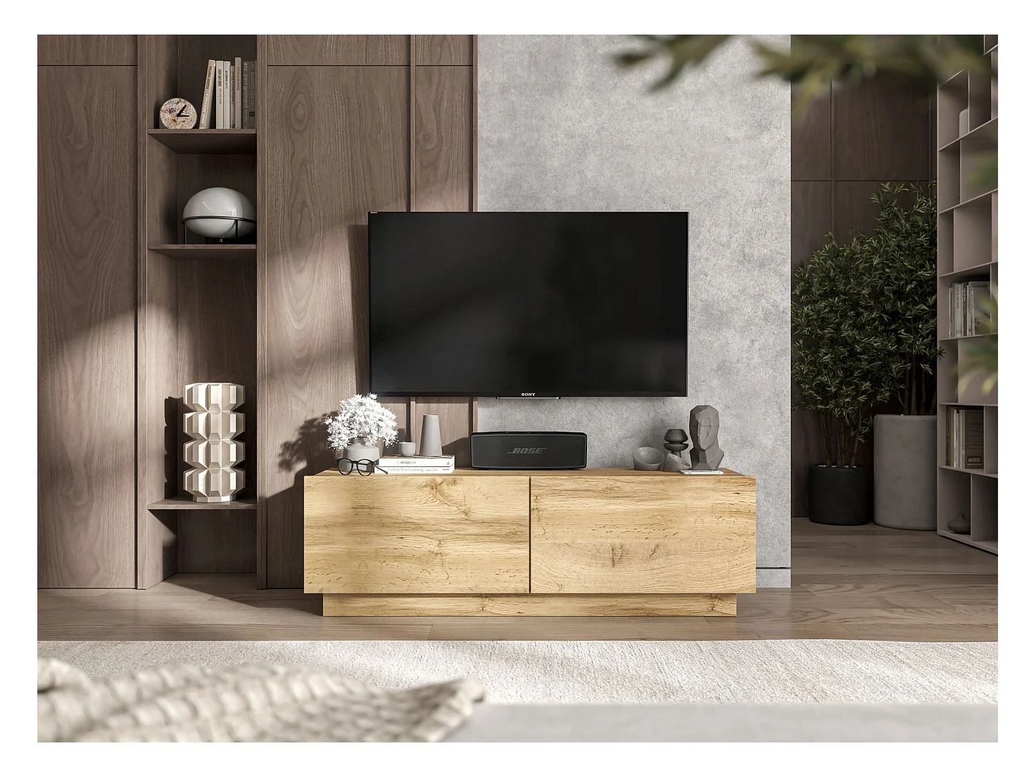 Meuble TV avec 2 portes - corps Chêne artisanal mat, façades Chêne artisanal mat - 120 cm, sur socle