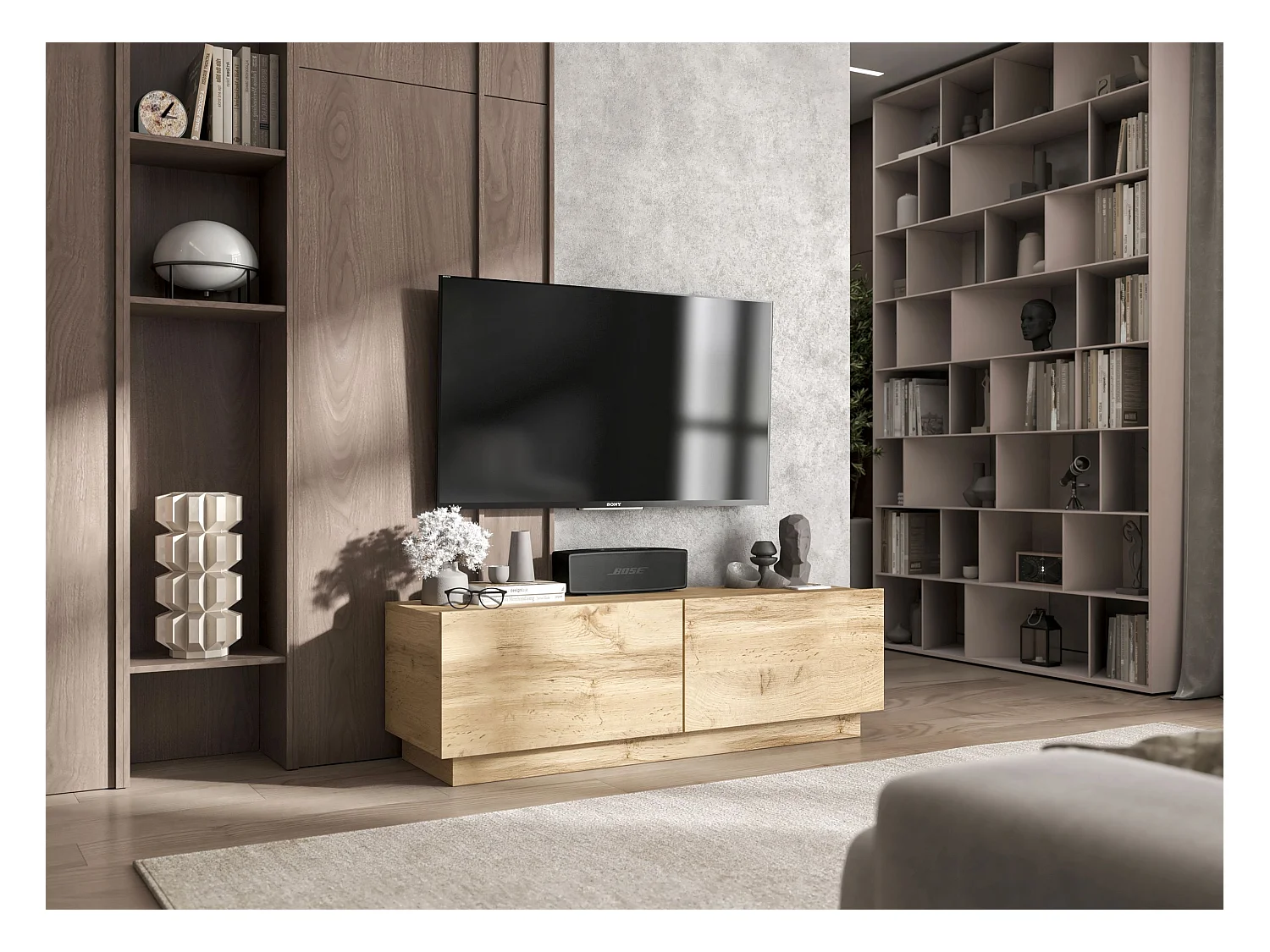 Meuble TV avec 2 portes - corps Chêne artisanal mat, façades Chêne artisanal mat - 120 cm, sur socle