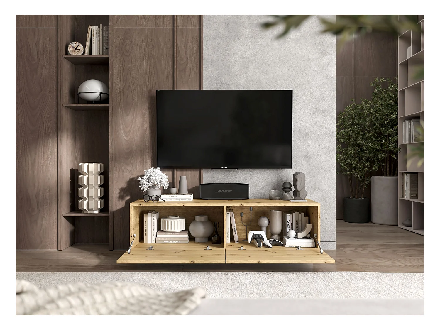 Meuble TV avec 2 portes - corps Chêne artisanal mat, façades Chêne artisanal mat - 120 cm, sur socle