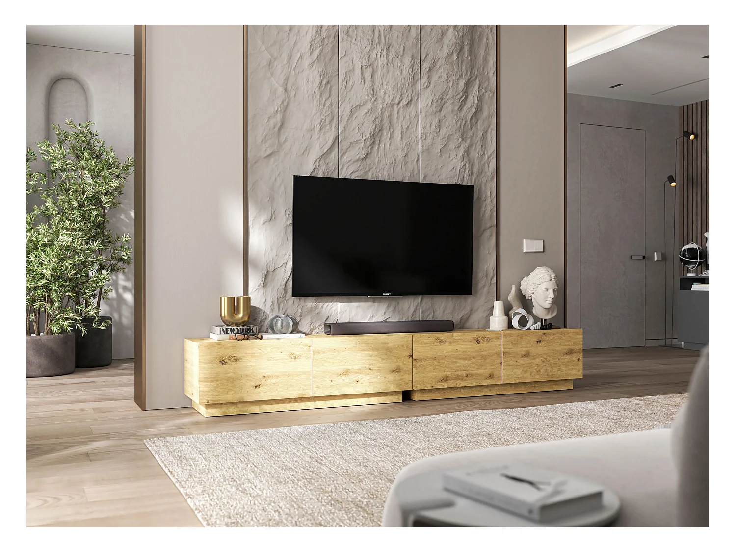 Meuble TV avec 2 portes - corps Chêne artisanal mat, façades Chêne artisanal mat - 120 cm, sur socle