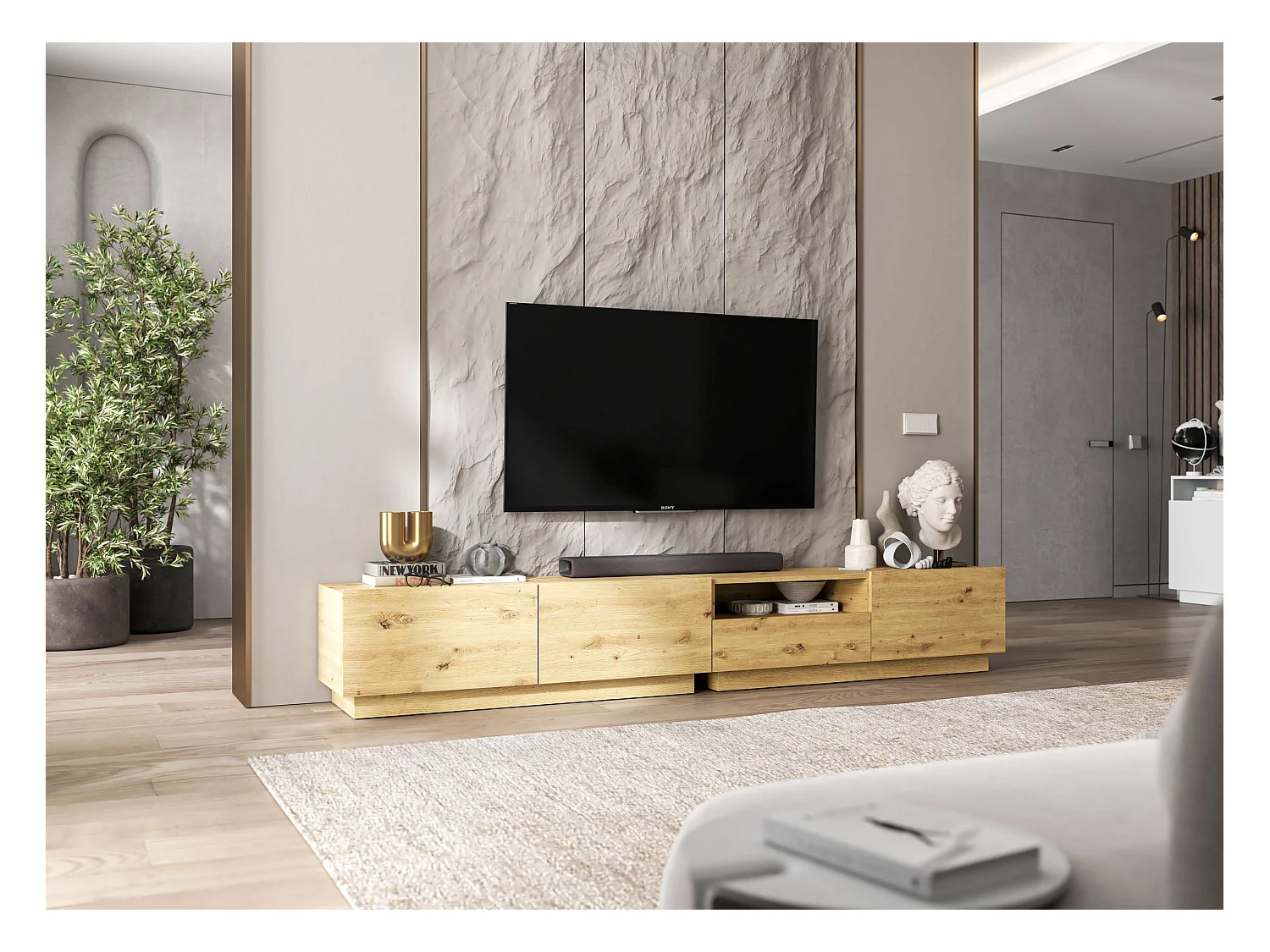 Meuble TV avec 2 portes - corps Chêne artisanal mat, façades Chêne artisanal mat - 120 cm, sur socle