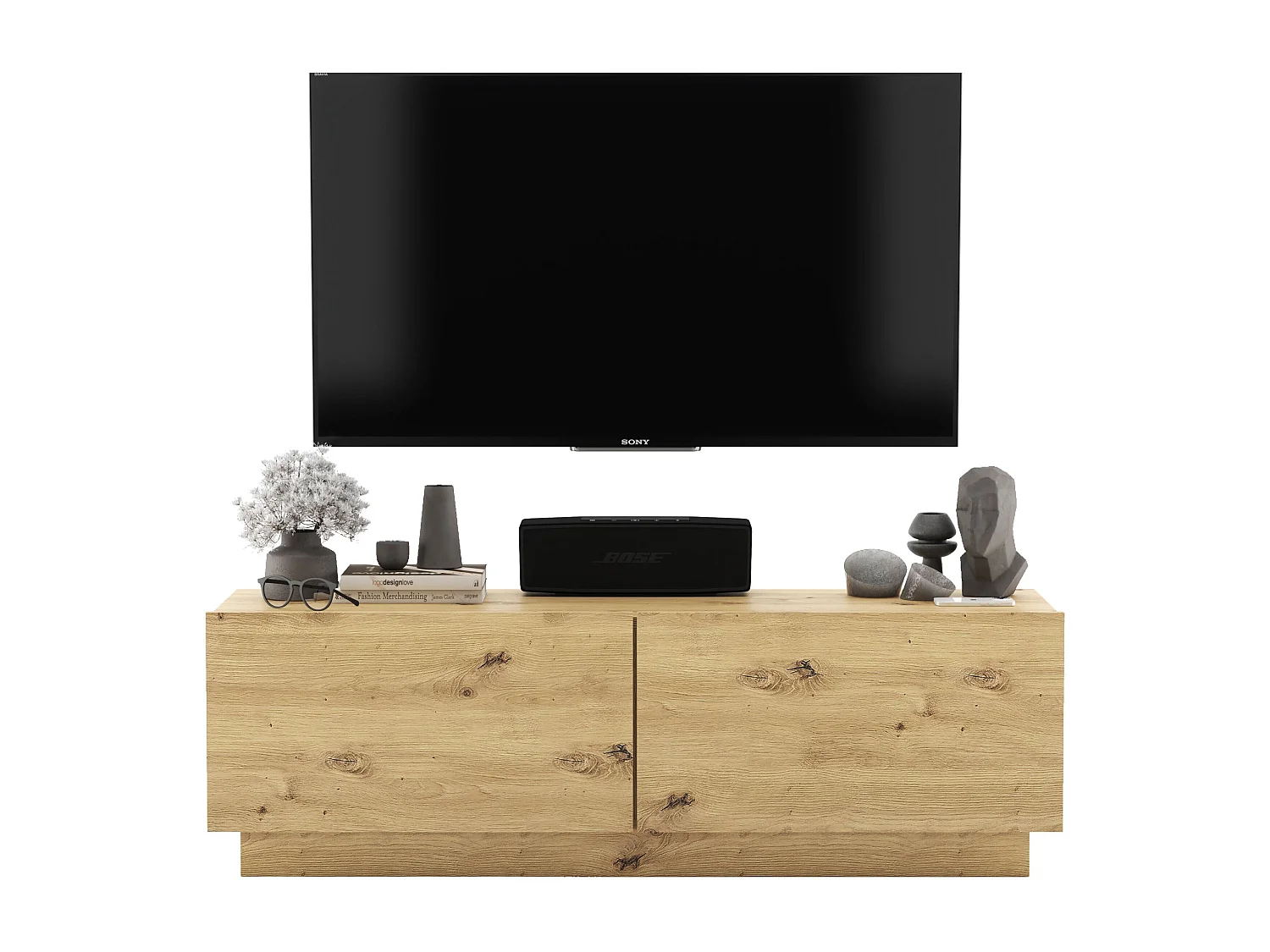 Meuble TV avec 2 portes - corps Chêne artisanal mat, façades Chêne artisanal mat - 120 cm, sur socle