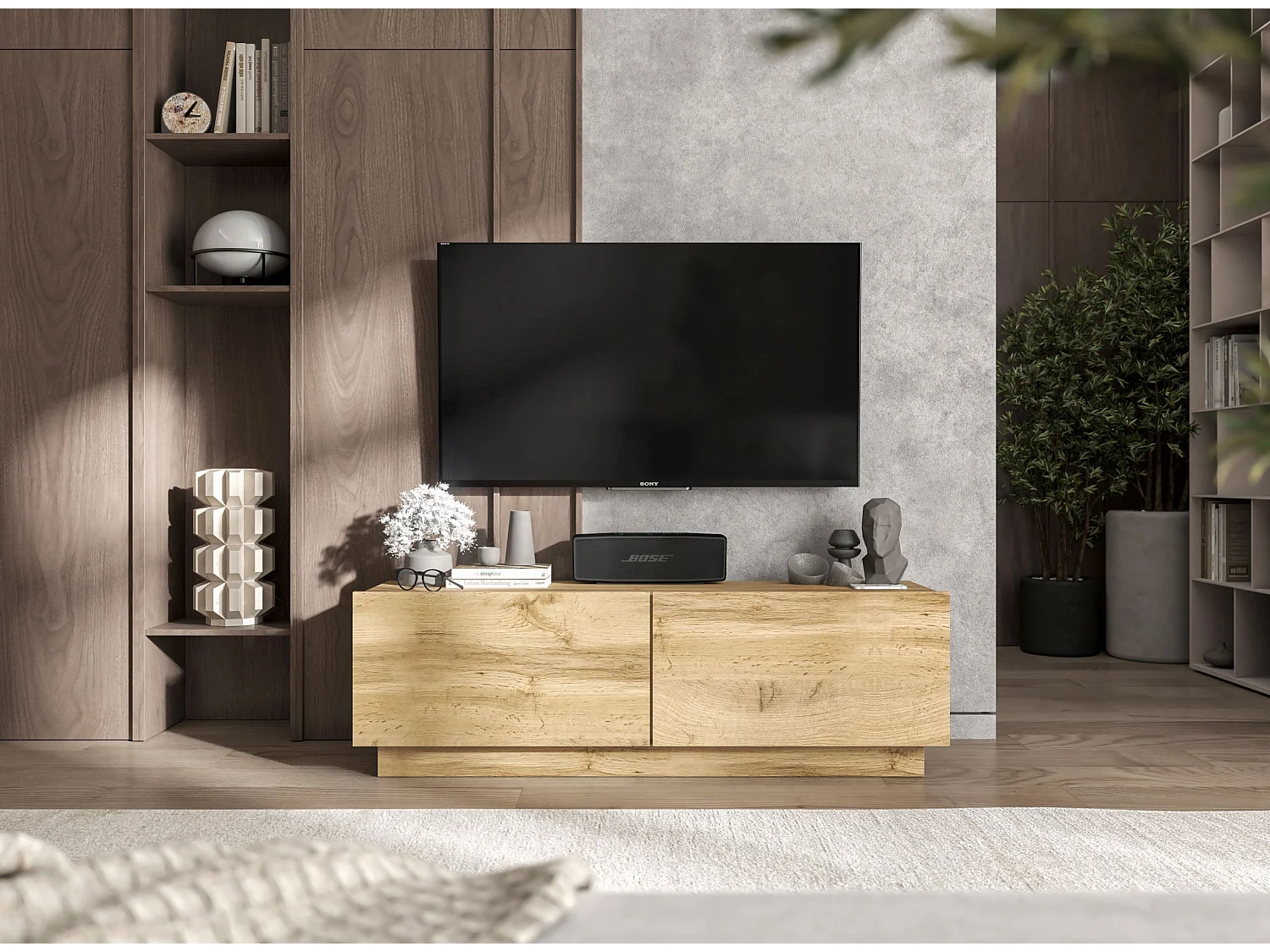 Meuble TV avec 2 portes - corps Chêne artisanal mat, façades Chêne artisanal mat - 120 cm, sur socle