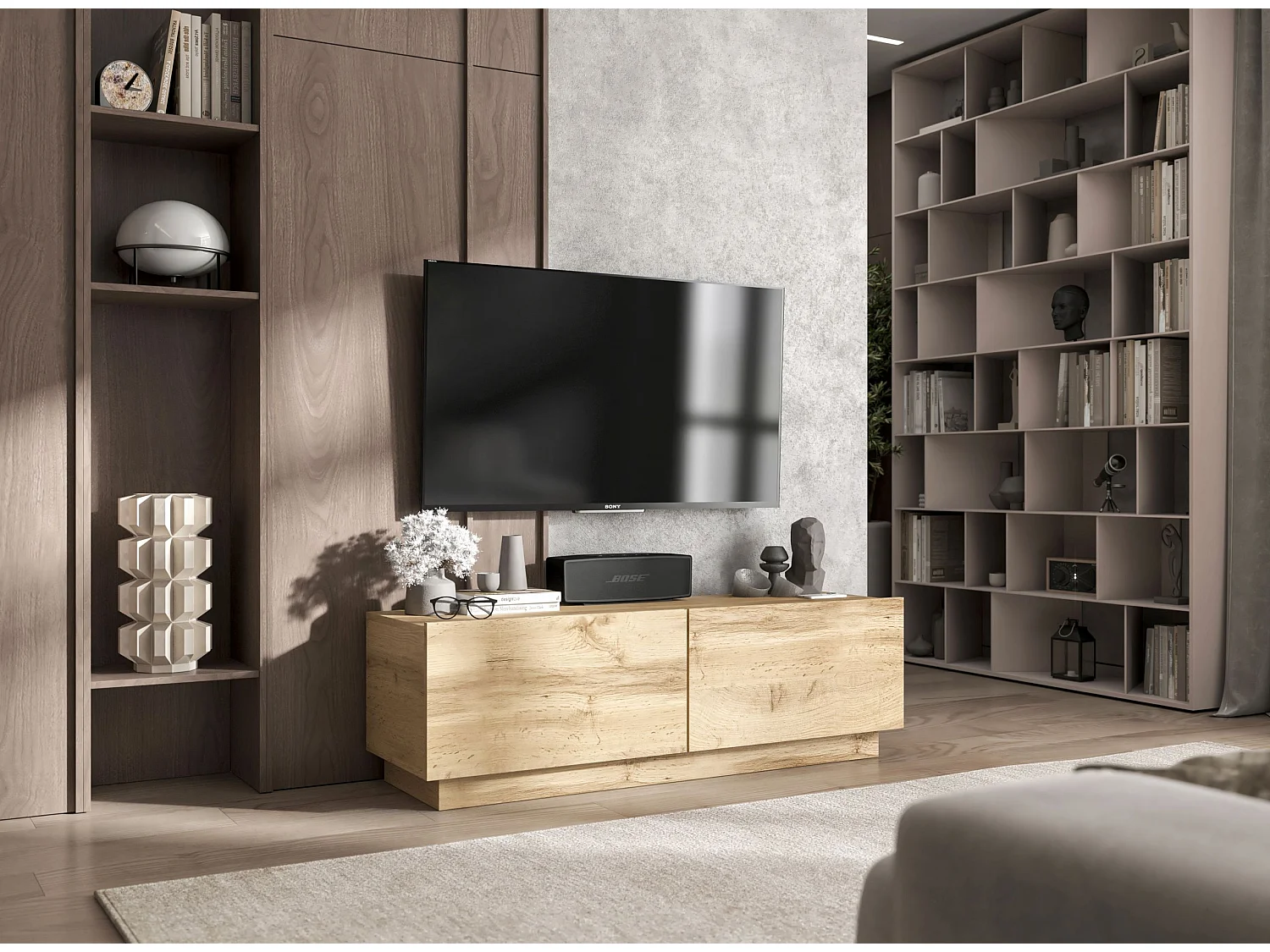 Meuble TV avec 2 portes - corps Chêne artisanal mat, façades Chêne artisanal mat - 120 cm, sur socle