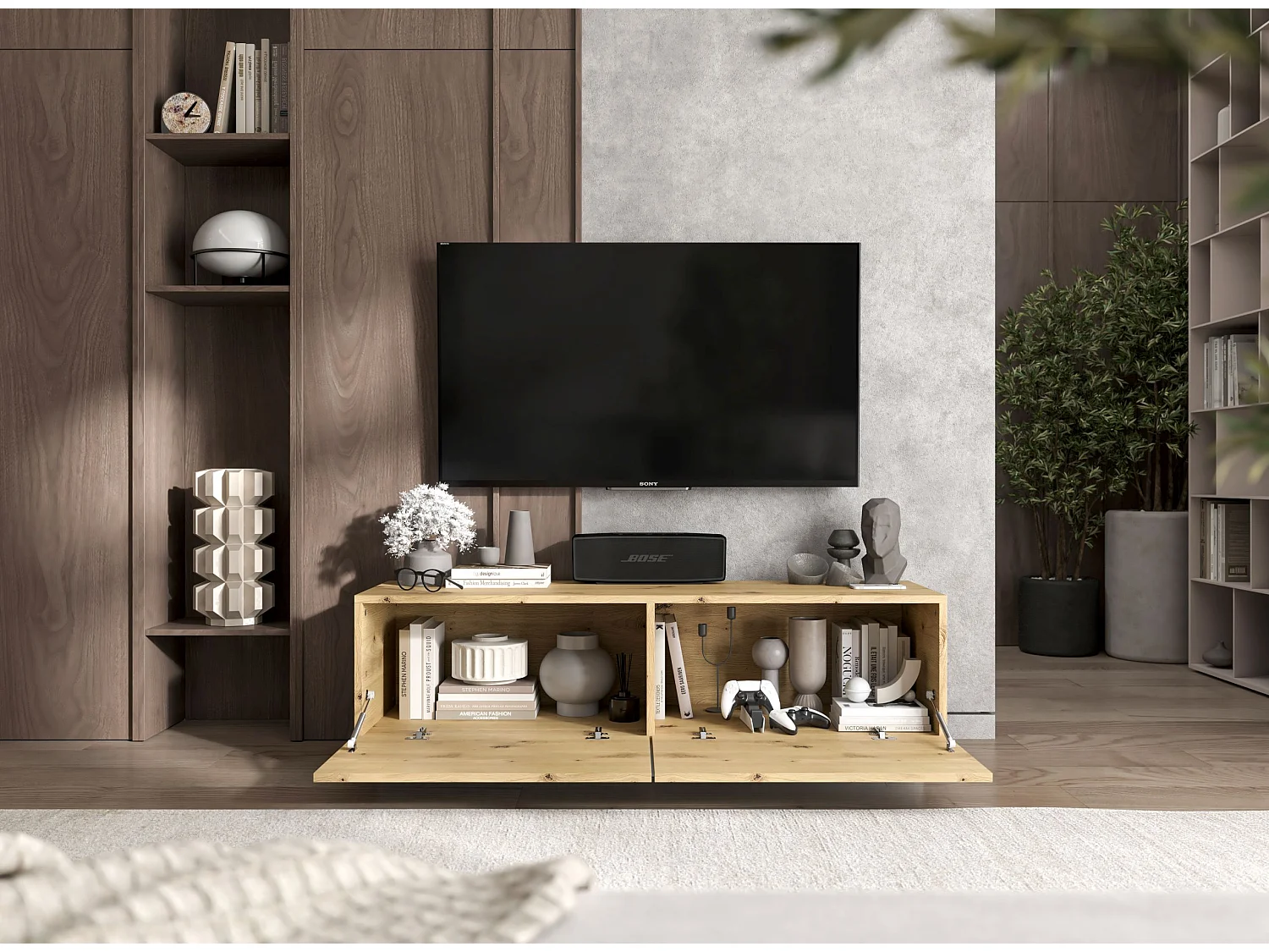 Meuble TV avec 2 portes - corps Chêne artisanal mat, façades Chêne artisanal mat - 120 cm, sur socle