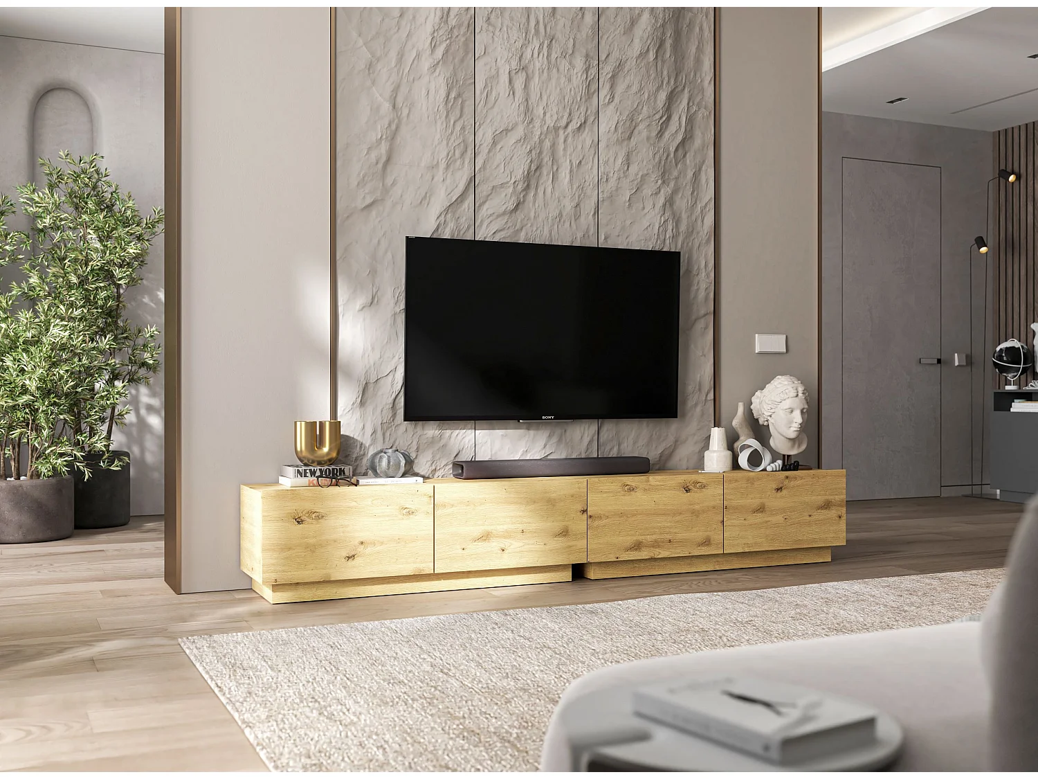 Meuble TV avec 2 portes - corps Chêne artisanal mat, façades Chêne artisanal mat - 120 cm, sur socle