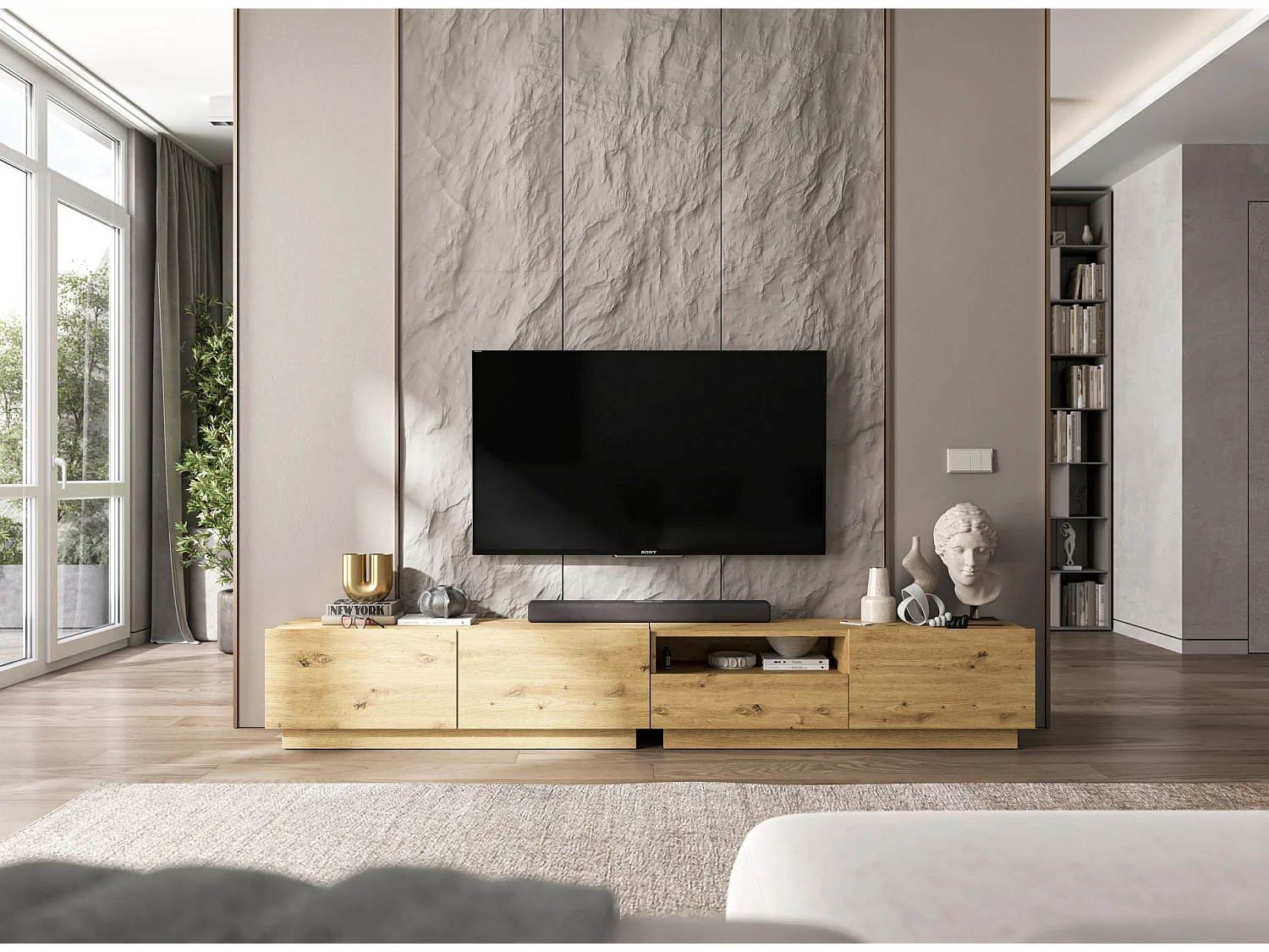 Meuble TV avec 2 portes - corps Chêne artisanal mat, façades Chêne artisanal mat - 120 cm, sur socle