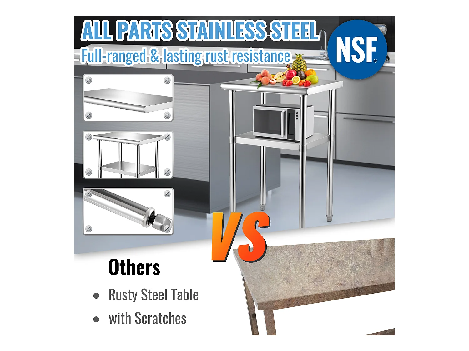 Table de Travail en Acier Inoxydable SucceBuy, 61 x 46 x 91cm, Table de Préparation des Aliments Commerciale