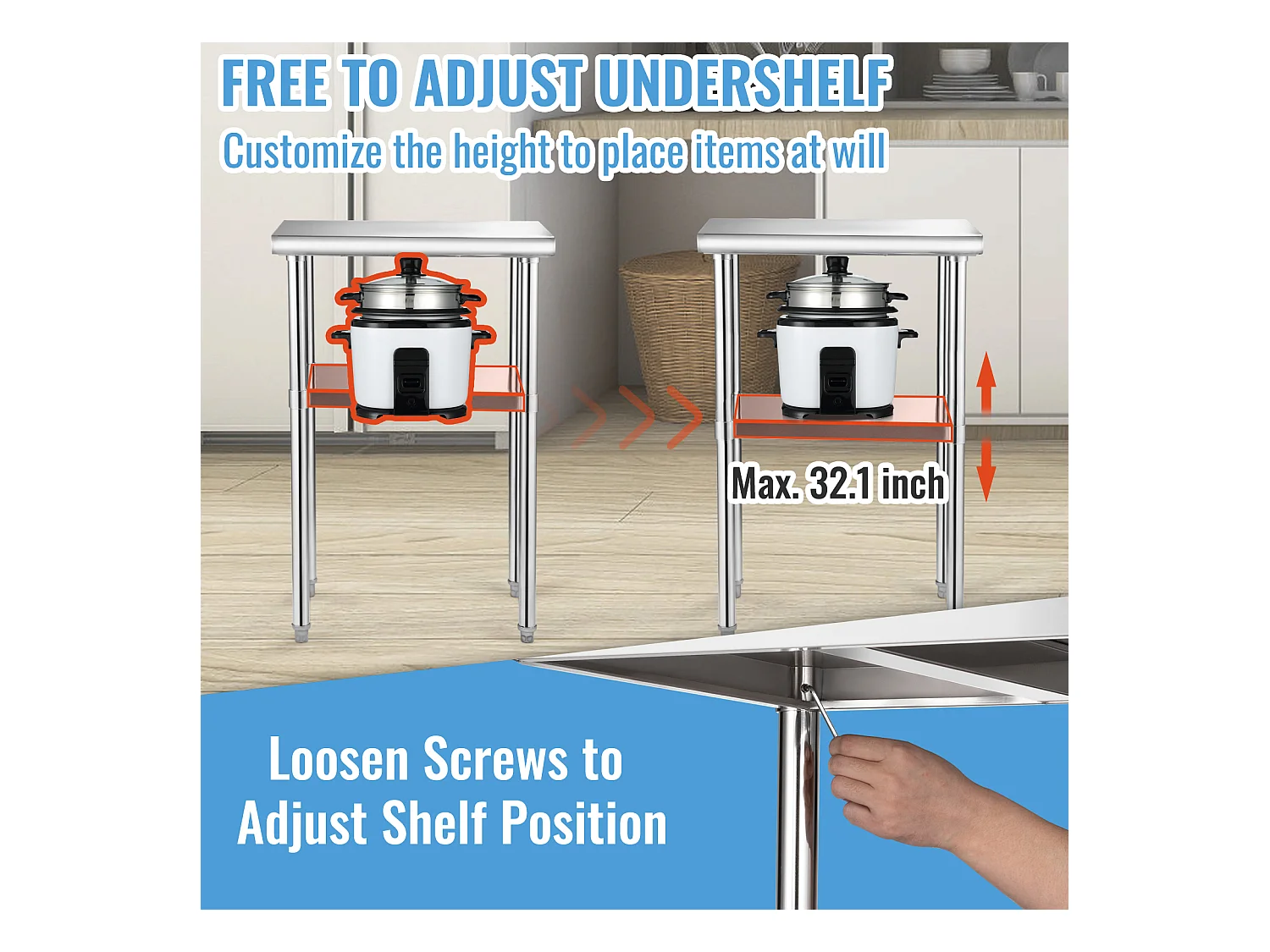 Table de Travail en Acier Inoxydable SucceBuy, 61 x 46 x 91cm, Table de Préparation des Aliments Commerciale