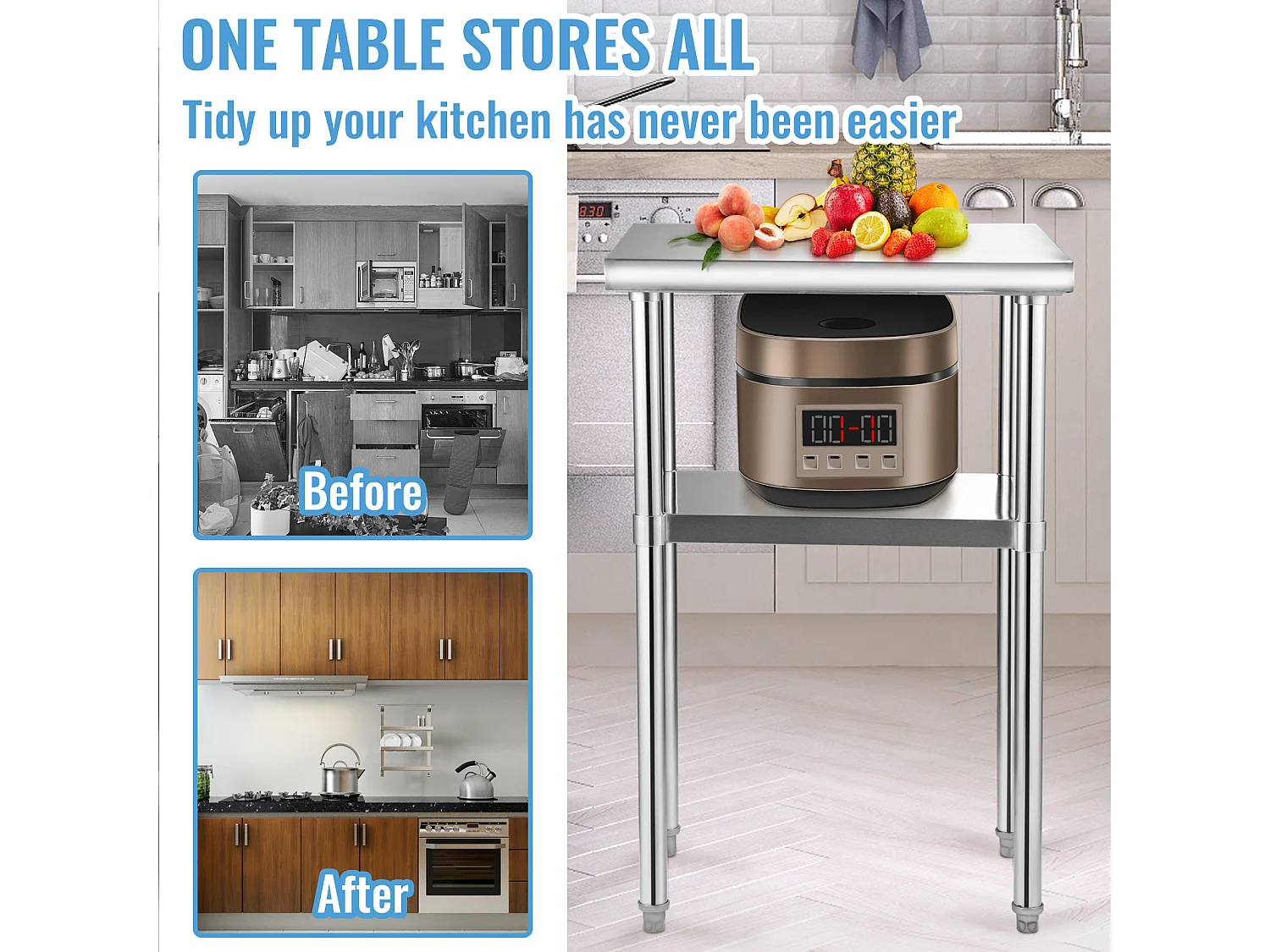 Table de Travail en Acier Inoxydable SucceBuy, 61 x 46 x 91cm, Table de Préparation des Aliments Commerciale