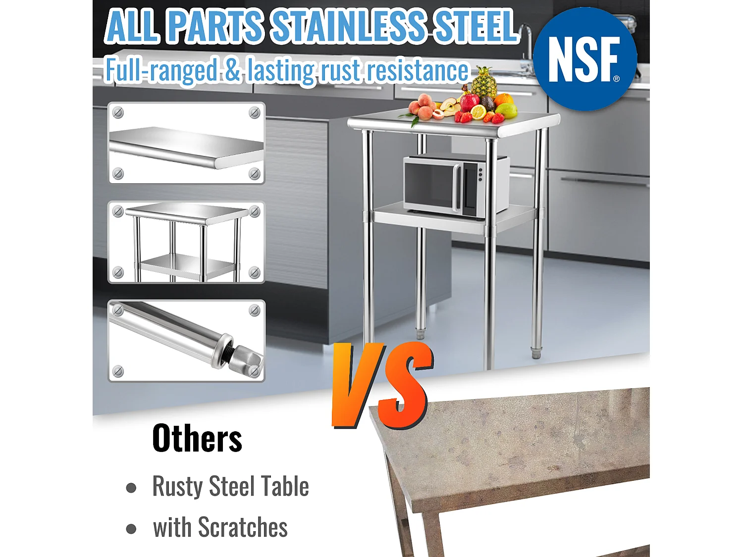 Table de Travail en Acier Inoxydable SucceBuy, 61 x 46 x 91cm, Table de Préparation des Aliments Commerciale