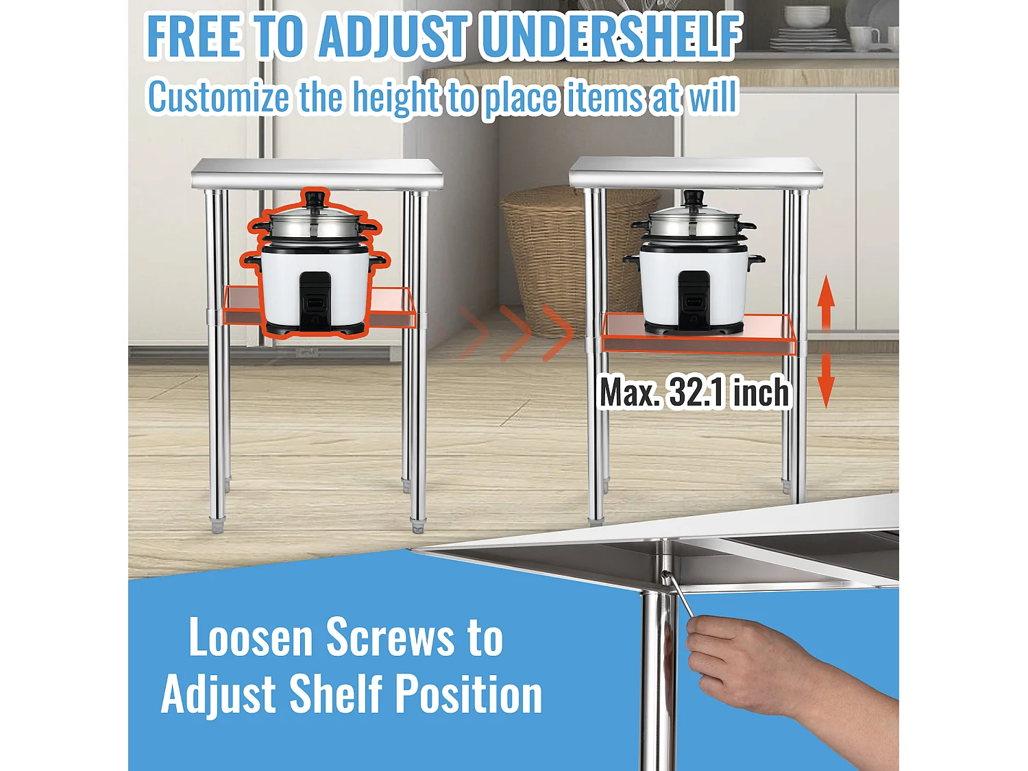 Table de Travail en Acier Inoxydable SucceBuy, 61 x 46 x 91cm, Table de Préparation des Aliments Commerciale