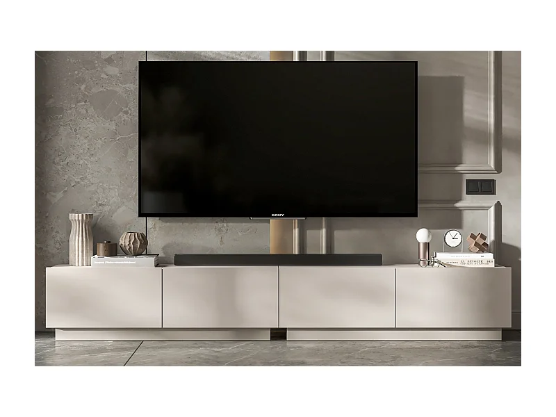 Meuble TV avec 4 portes - corps Cachemire mat, façades Cachemire mat - 240 cm, sur socle