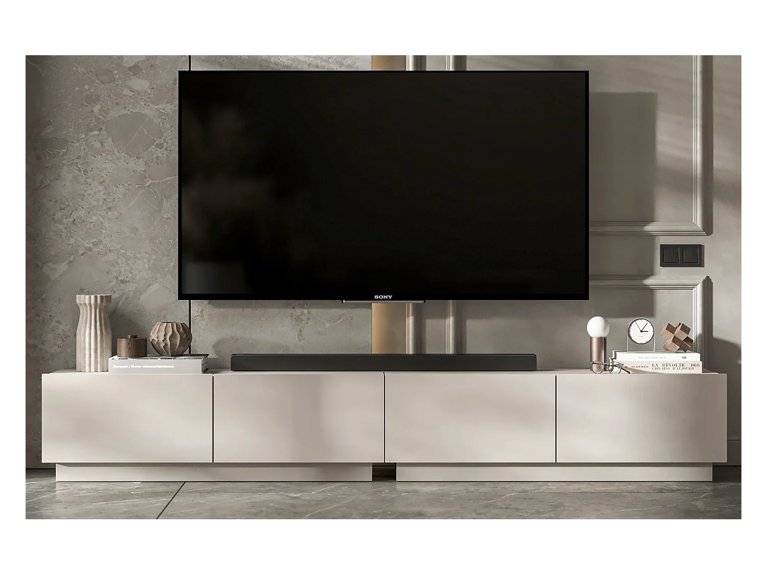 Meuble TV avec 4 portes - corps Cachemire mat, façades Cachemire mat - 240 cm, sur socle