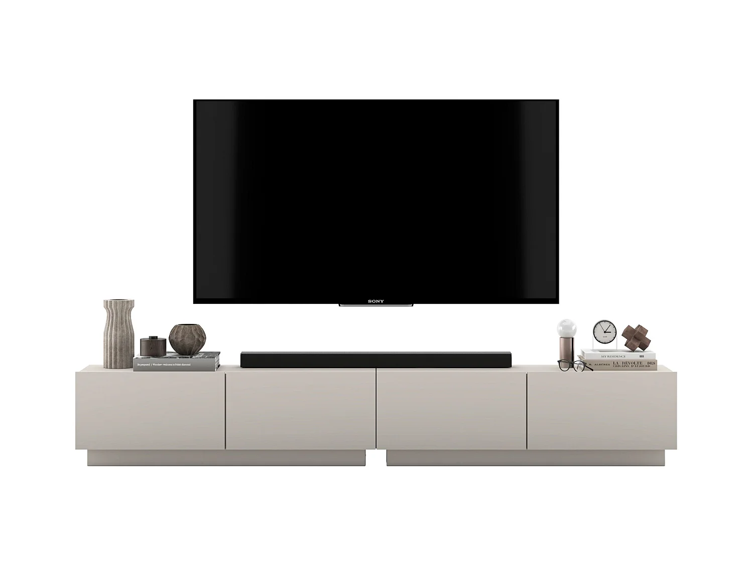 Meuble TV avec 4 portes - corps Cachemire mat, façades Cachemire mat - 240 cm, sur socle