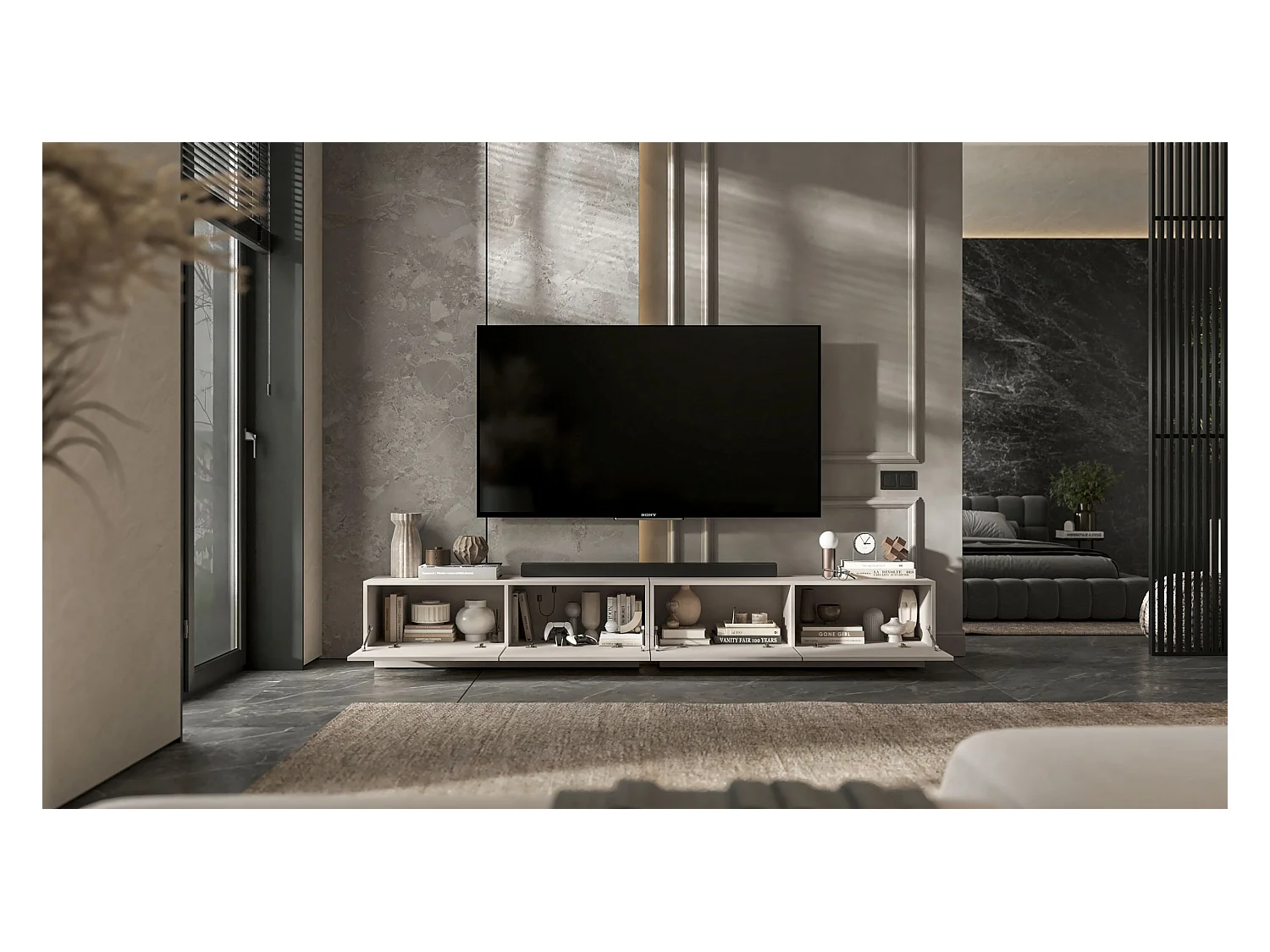 Meuble TV avec 4 portes - corps Cachemire mat, façades Cachemire mat - 240 cm, sur socle